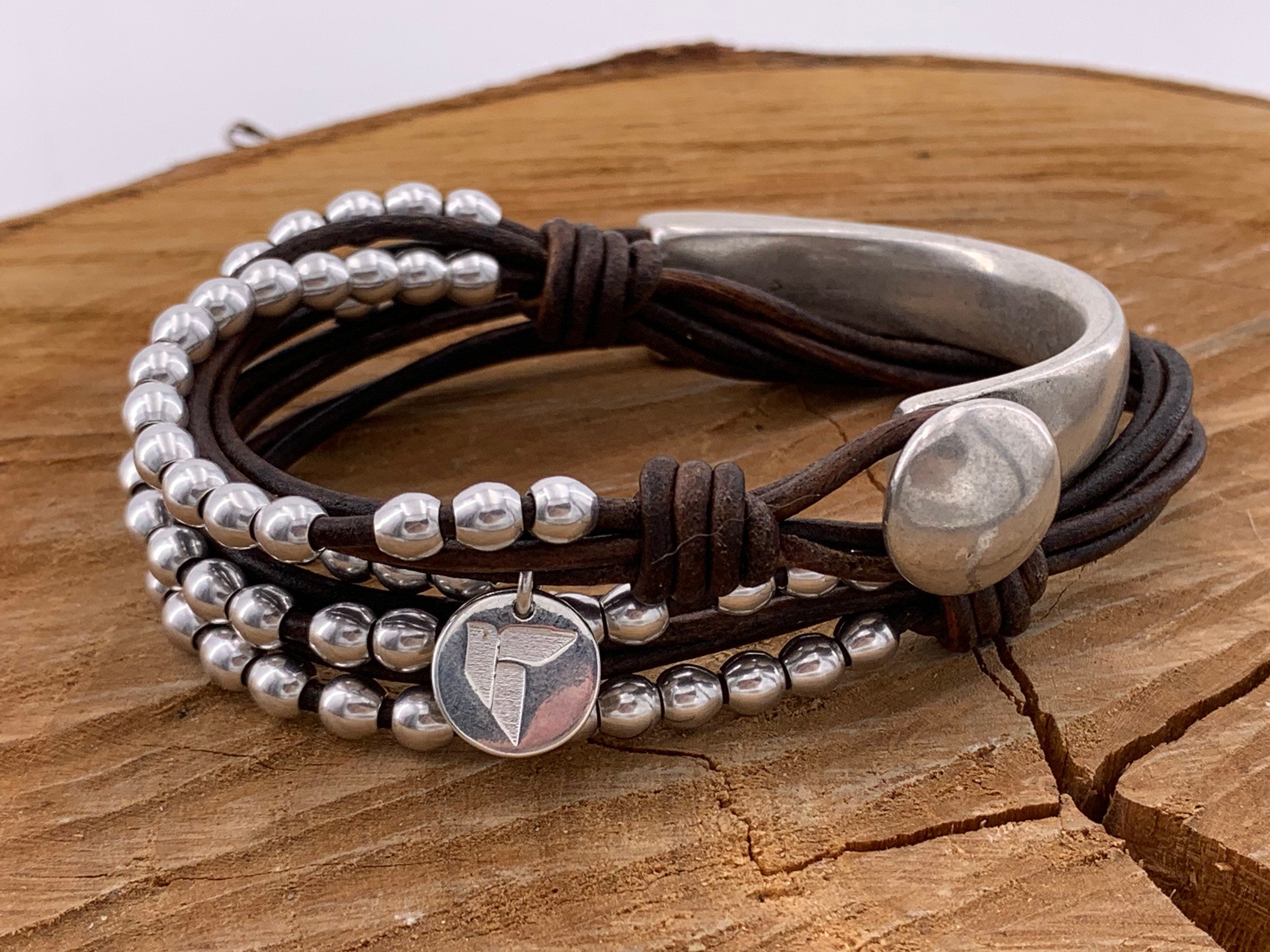 Handmade Leather Wrap Bracelet: Sterling Silver Plated Zamak Beaded Cuff