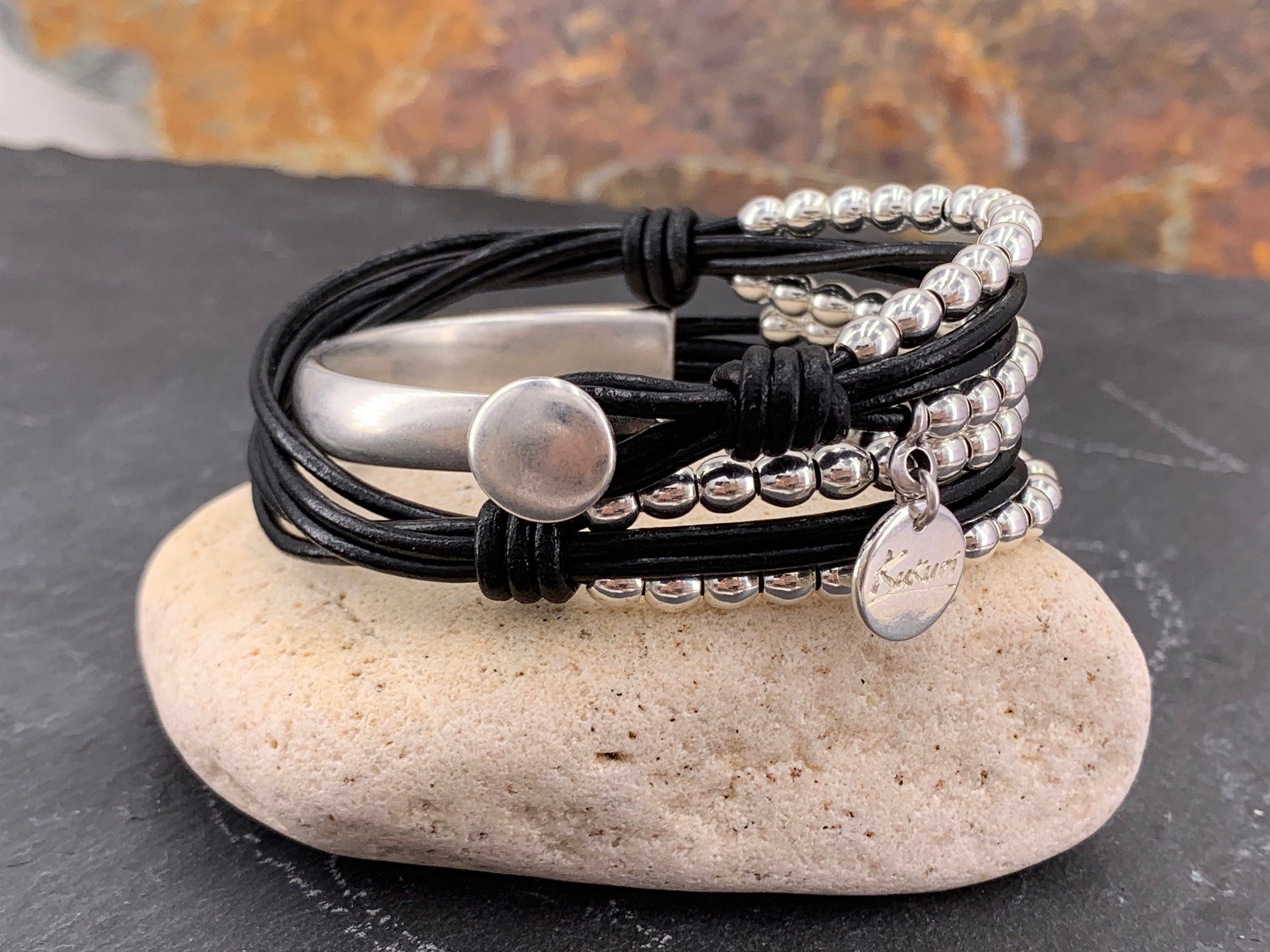 Handmade Leather Wrap Bracelet: Sterling Silver Plated Zamak Beaded Cuff