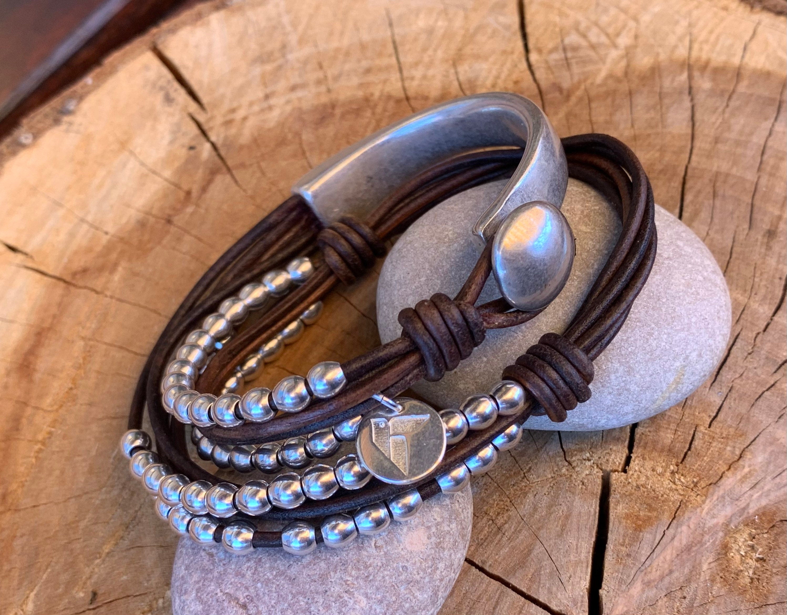 Handmade Leather Wrap Bracelet: Sterling Silver Plated Zamak Beaded Cuff