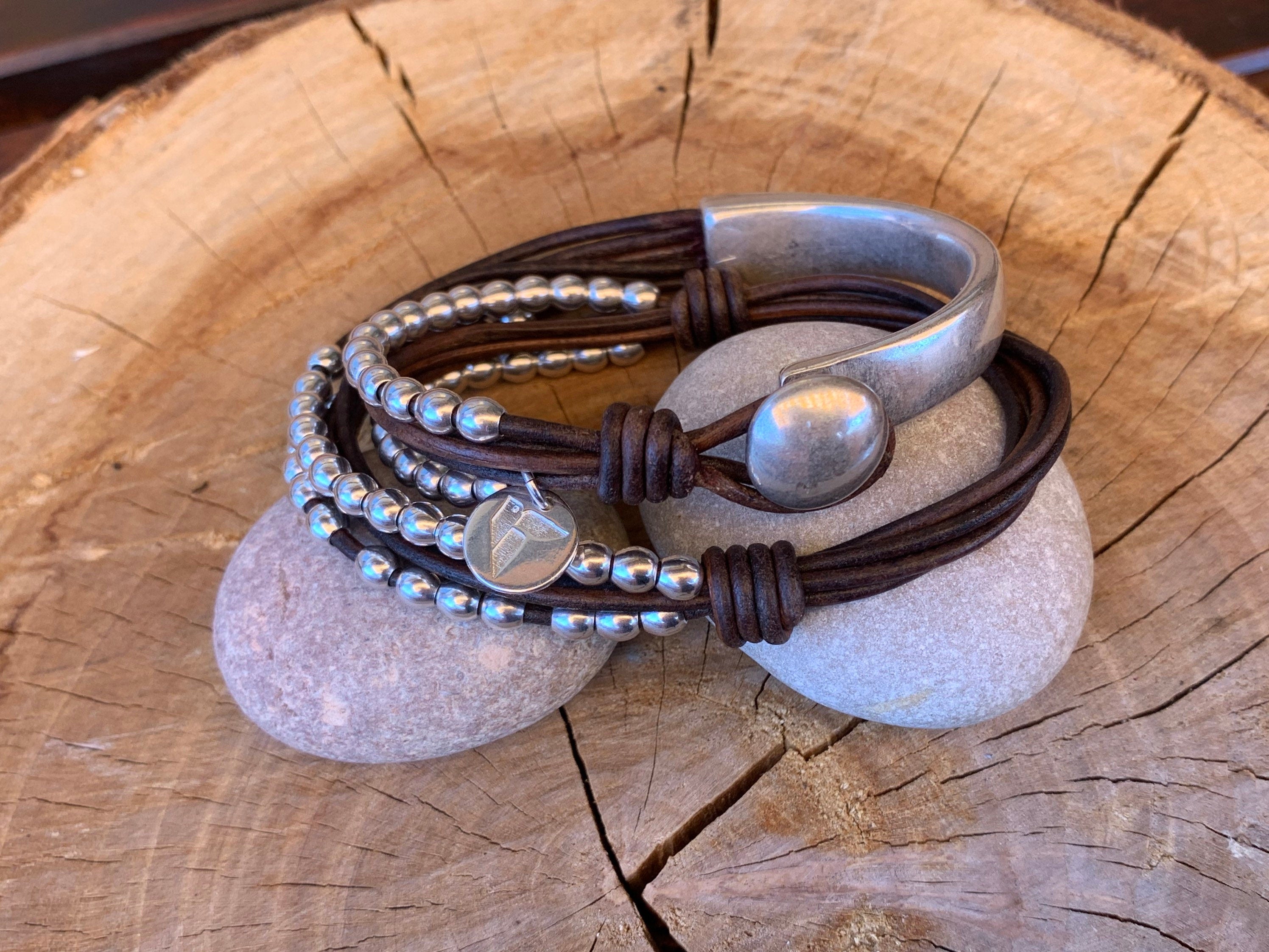 Handmade Leather Wrap Bracelet: Sterling Silver Plated Zamak Beaded Cuff