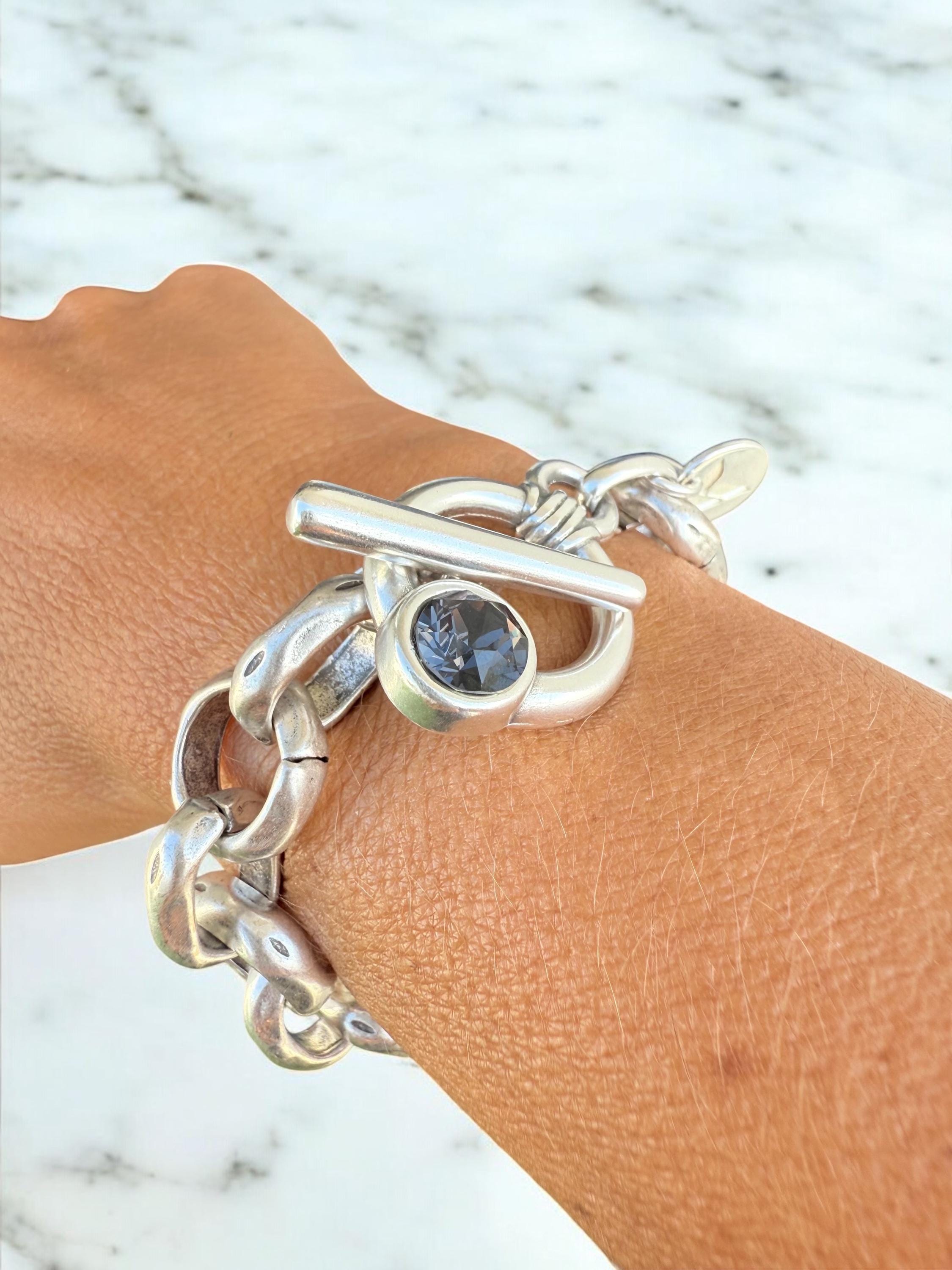 Chunky Silver Chain Bracelet – Solid 15 mm Links – Swarovski Toggle Clasp – Antique Finish – Kukuri Jewelry