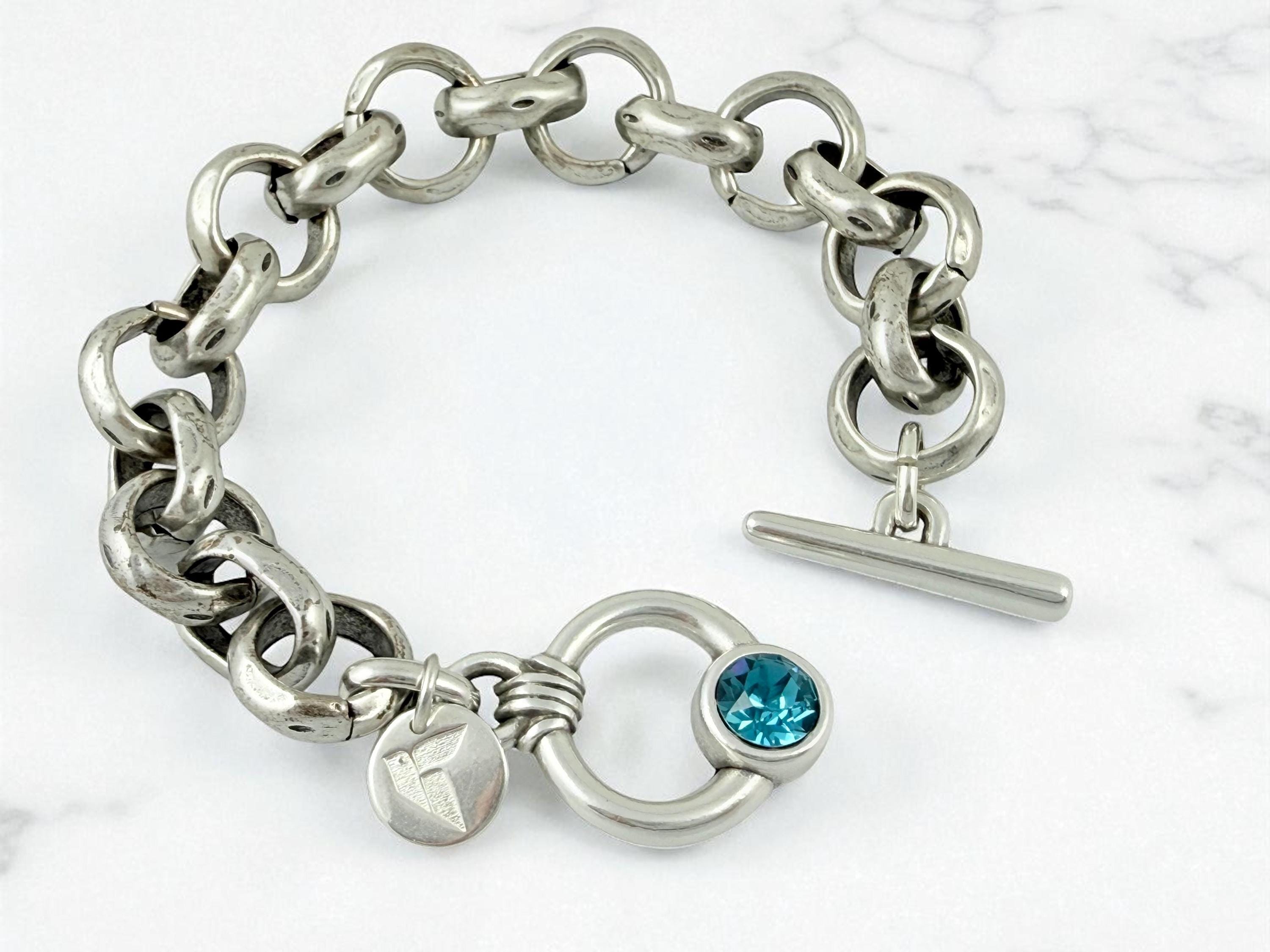 Chunky Silver Chain Bracelet – Solid 15 mm Links – Swarovski Toggle Clasp – Antique Finish – Kukuri Jewelry