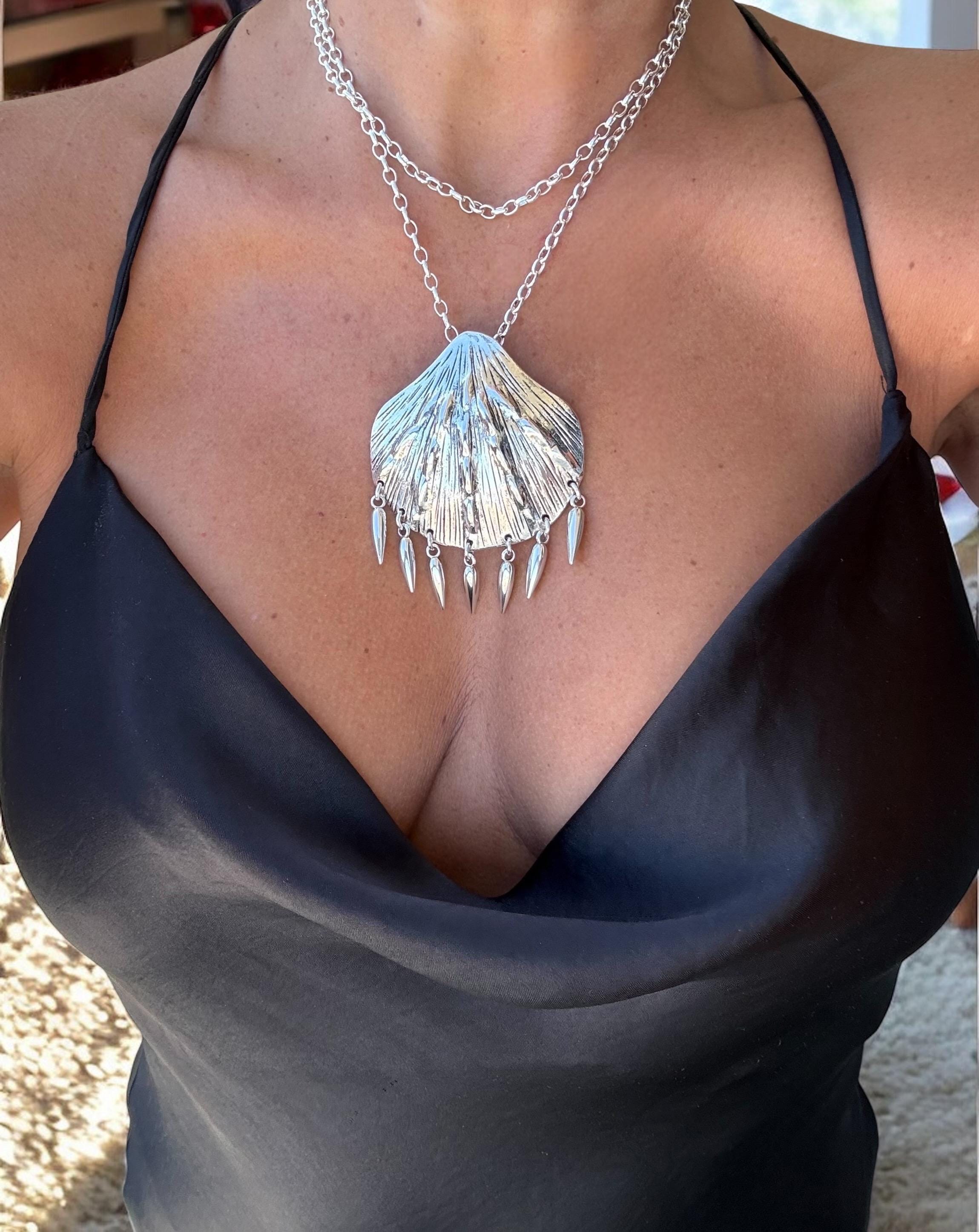 Layering double strand Silver Chain Necklace – Statement Shell Pendant – Convertible long – Kukuri Jewelry
