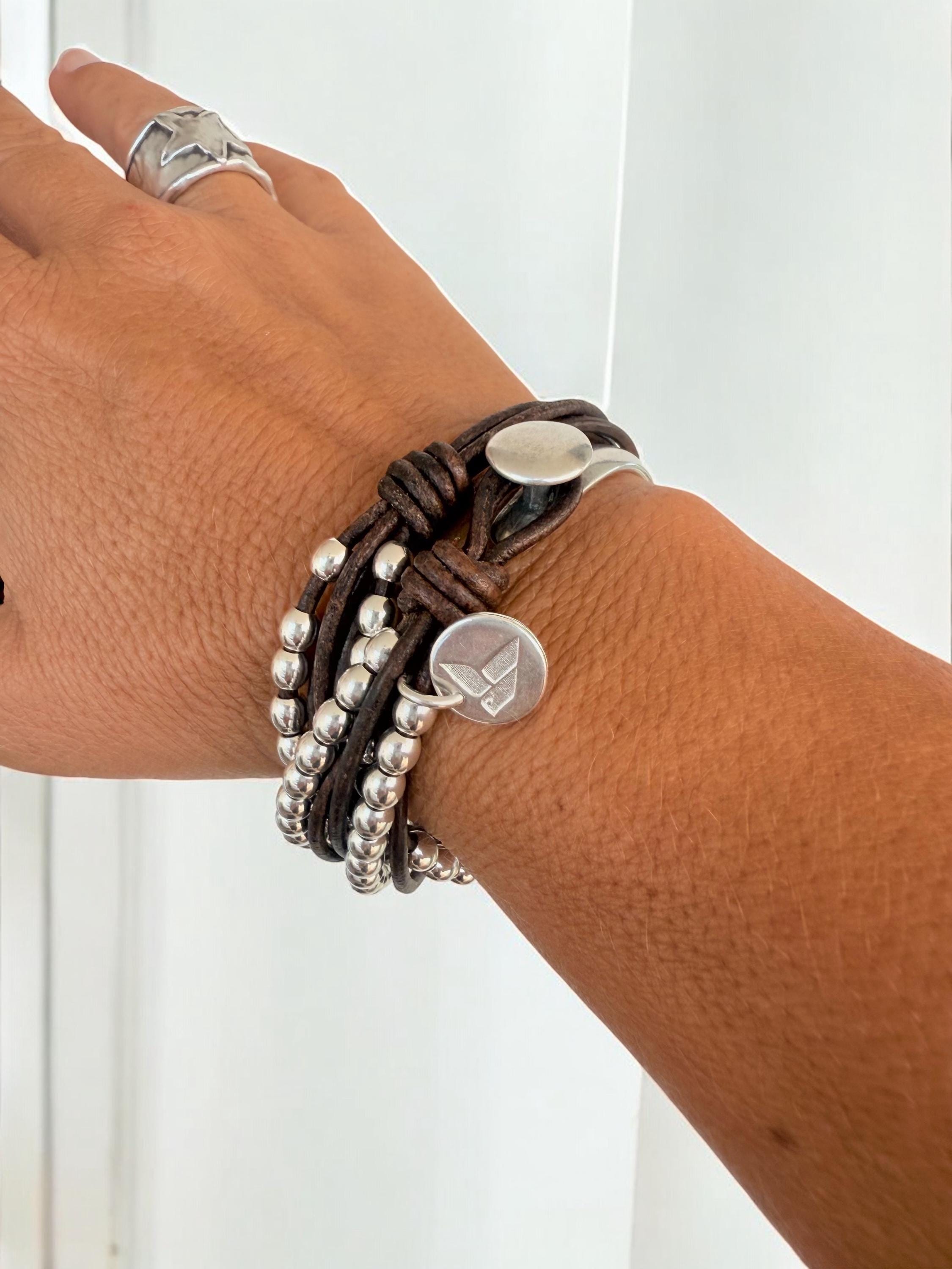 Handmade Leather Wrap Bracelet: Sterling Silver Plated Zamak Beaded Cuff