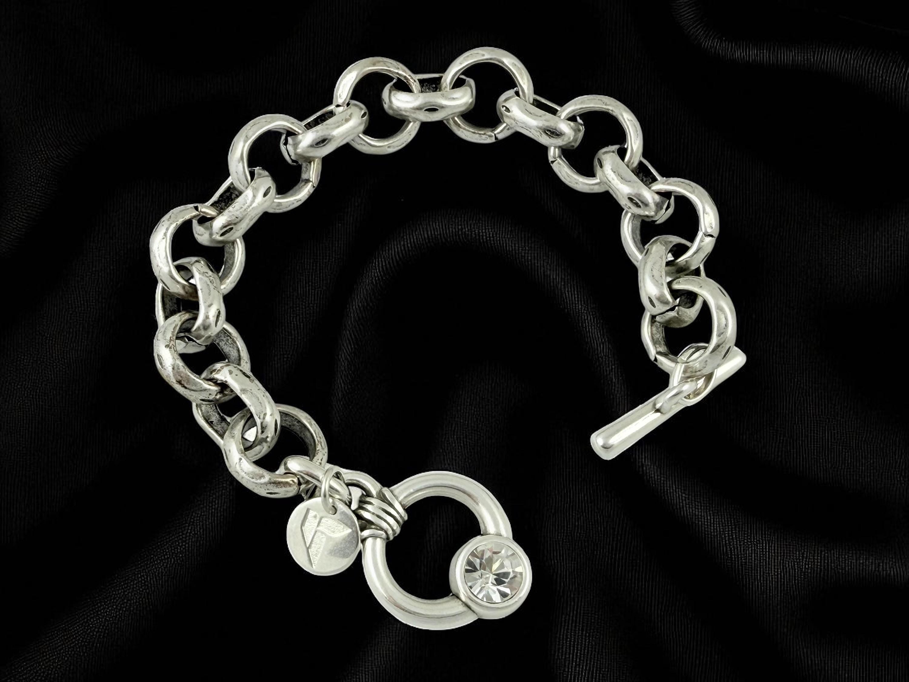 Chunky Silver Chain Bracelet – Solid 15 mm Links – Swarovski Toggle Clasp – Antique Finish – Kukuri Jewelry