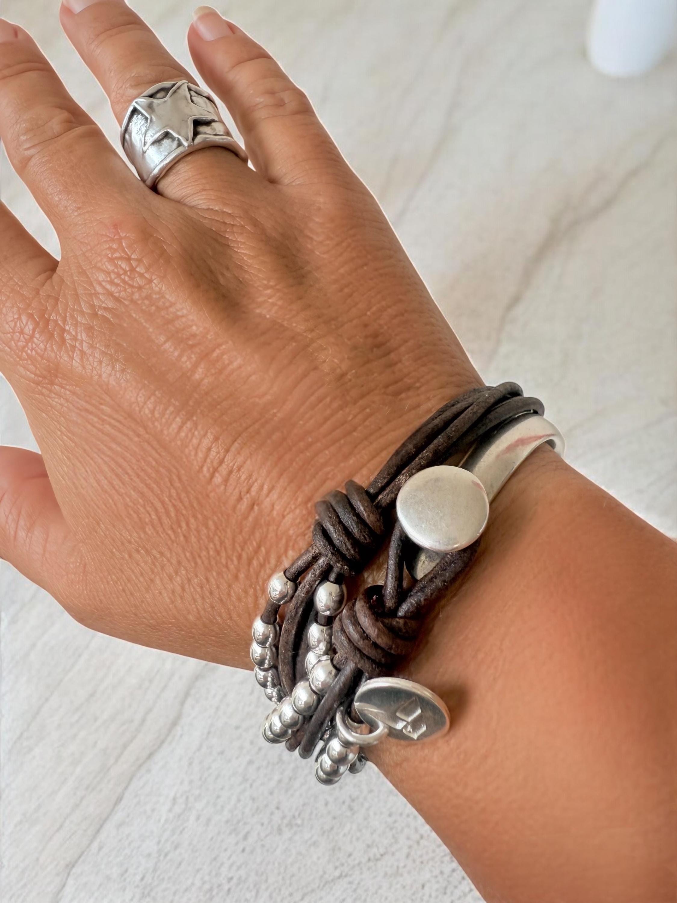 Handmade Leather Wrap Bracelet: Sterling Silver Plated Zamak Beaded Cuff