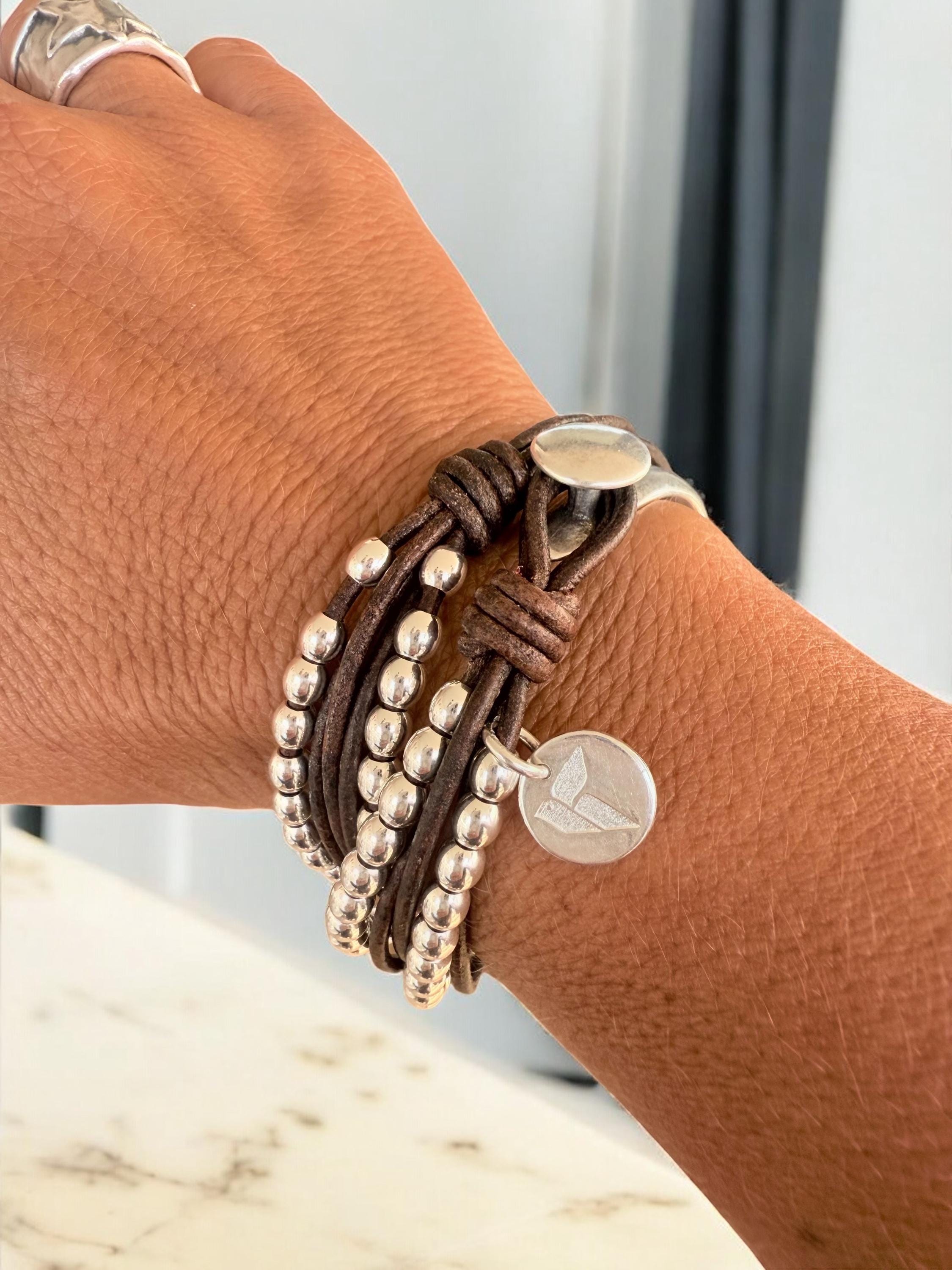 Handmade Leather Wrap Bracelet: Sterling Silver Plated Zamak Beaded Cuff