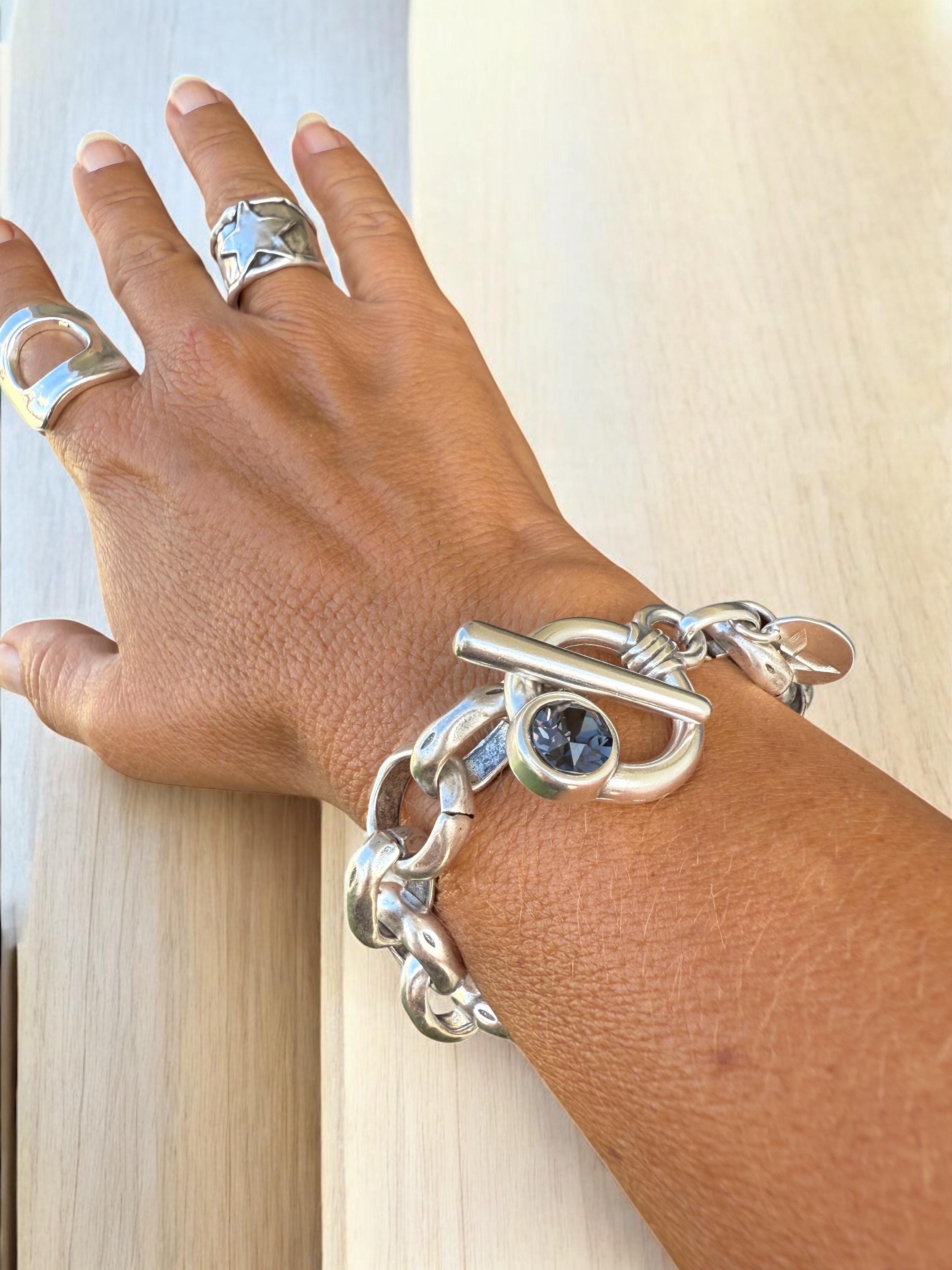 Chunky Silver Chain Bracelet – Solid 15 mm Links – Swarovski Toggle Clasp – Antique Finish – Kukuri Jewelry