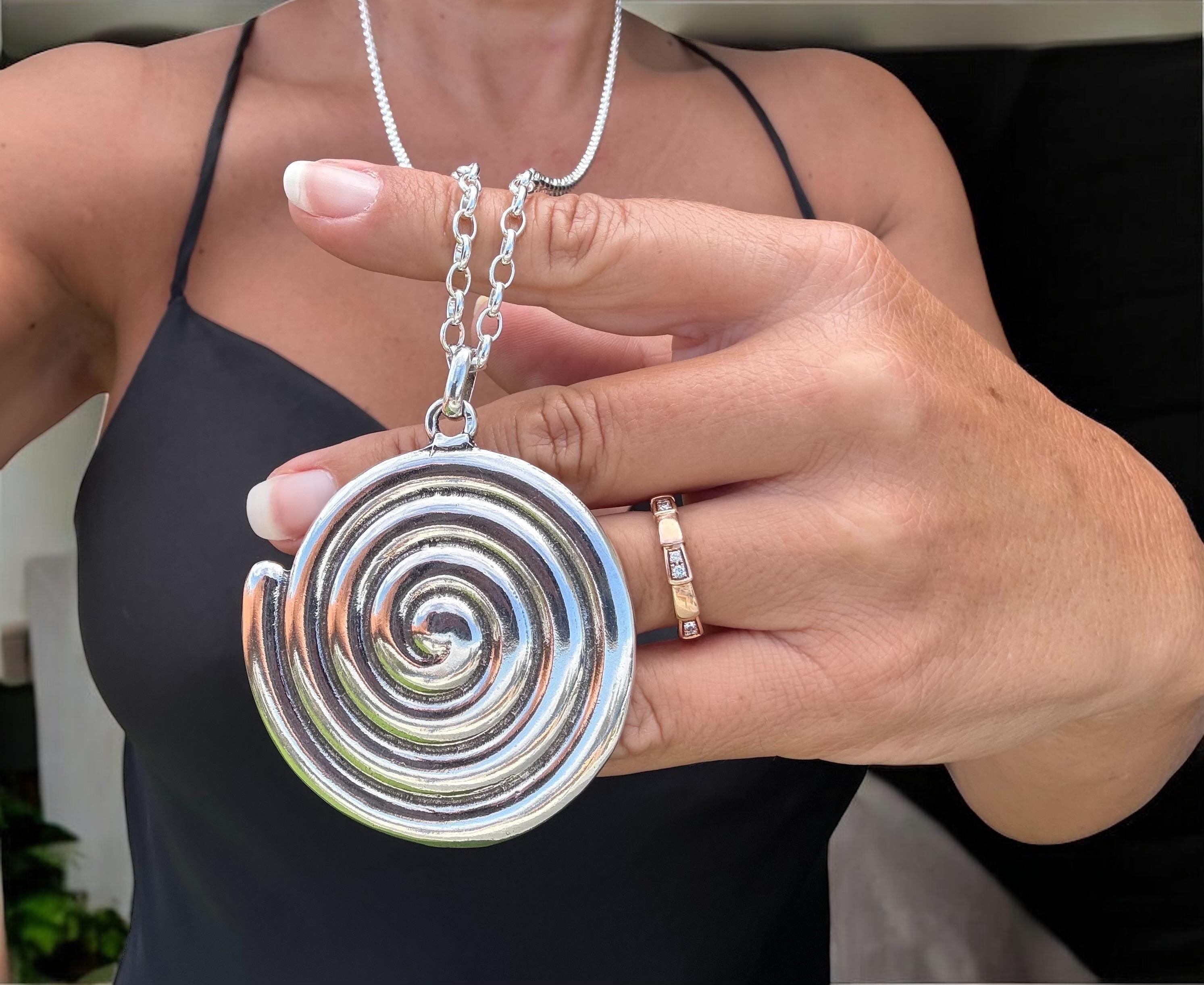 Long Silver Chain Necklace – Statement spiral Pendant – Convertible Double Strand – Kukuri Jewelry