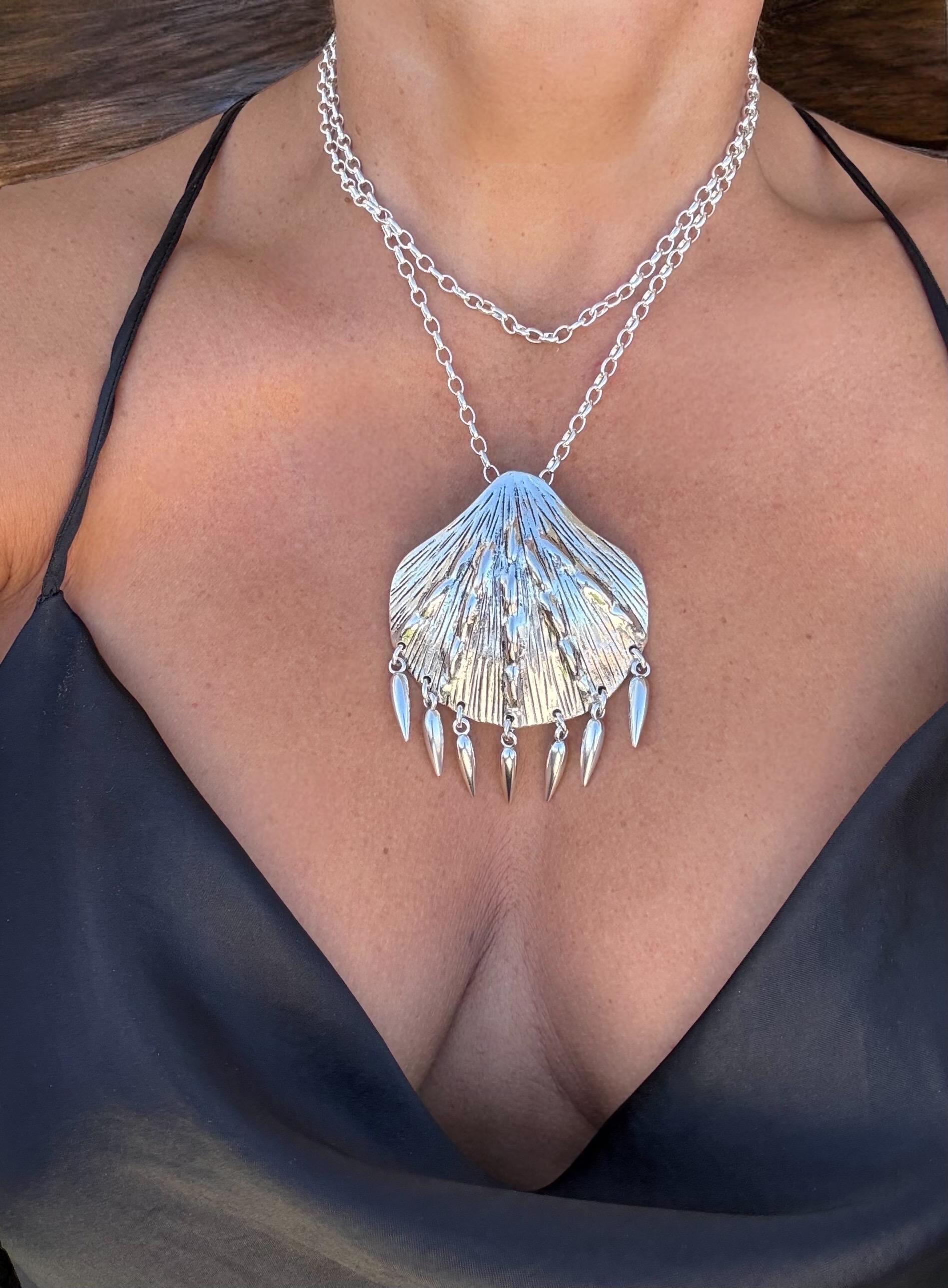 Long Silver Chain Necklace – Statement Shell Pendant – Convertible Double Strand – Kukuri Jewelry