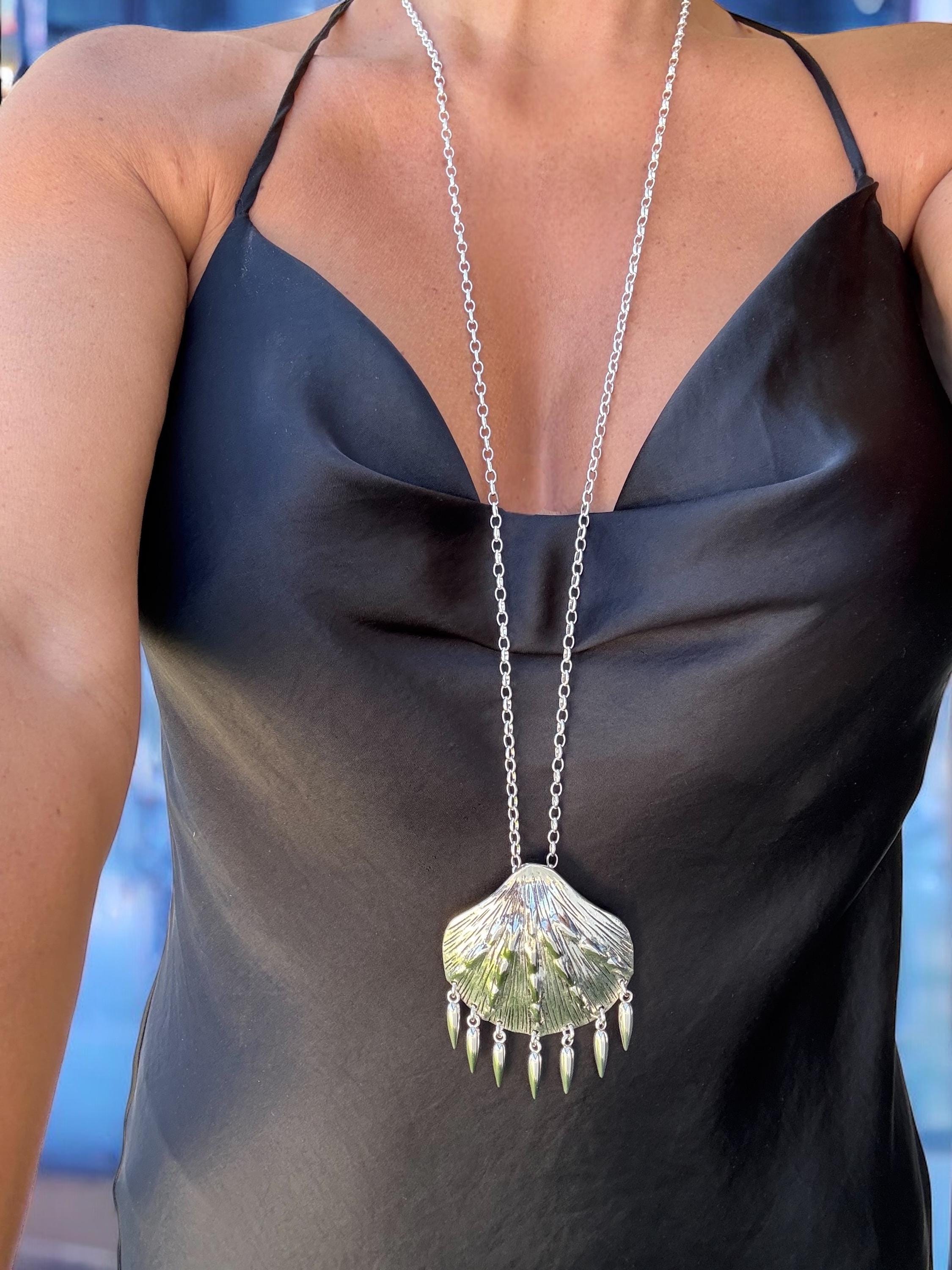 Long Silver Chain Necklace – Statement Shell Pendant – Convertible Double Strand – Kukuri Jewelry