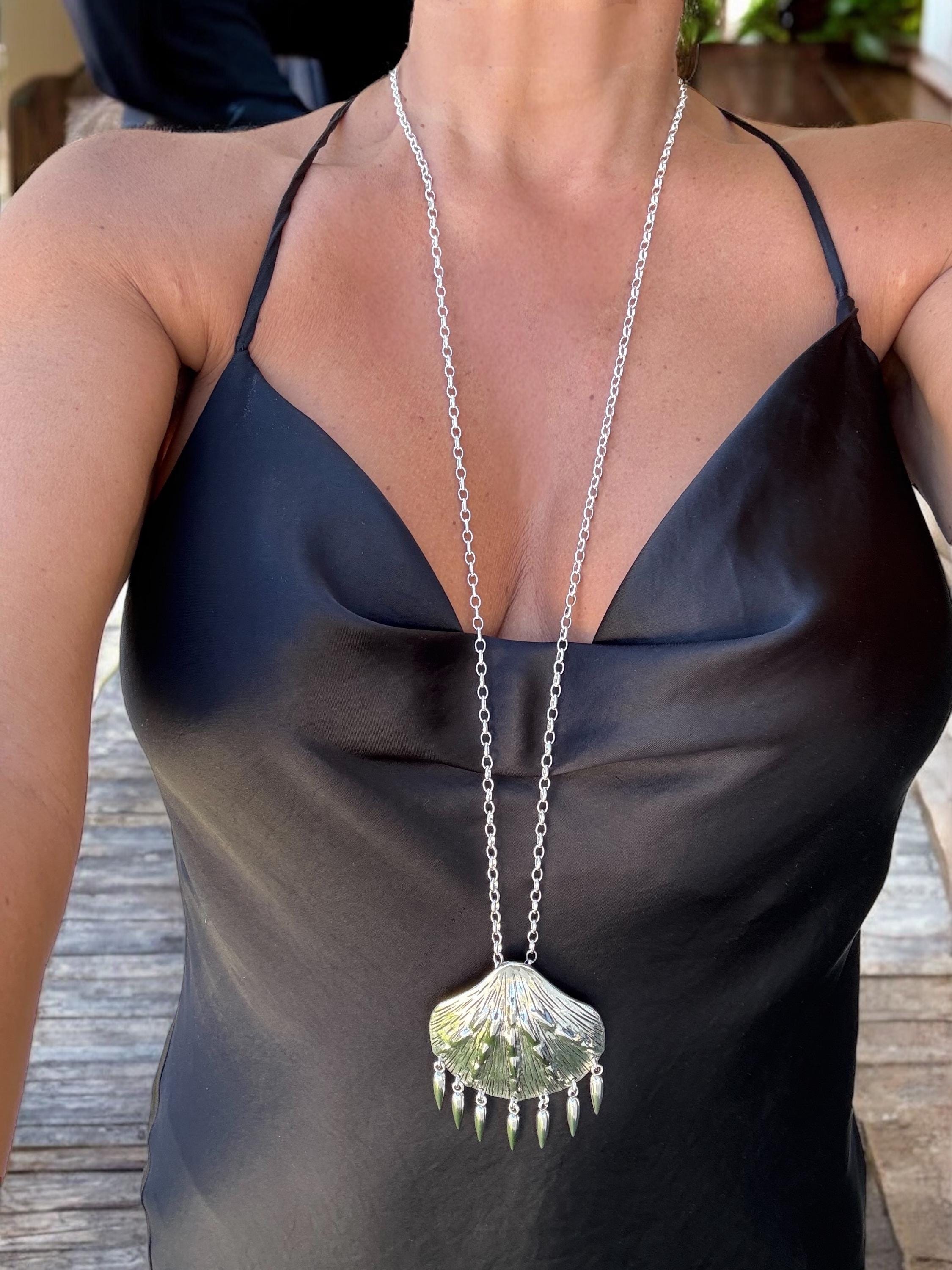Long Silver Chain Necklace – Statement Shell Pendant – Convertible Double Strand – Kukuri Jewelry