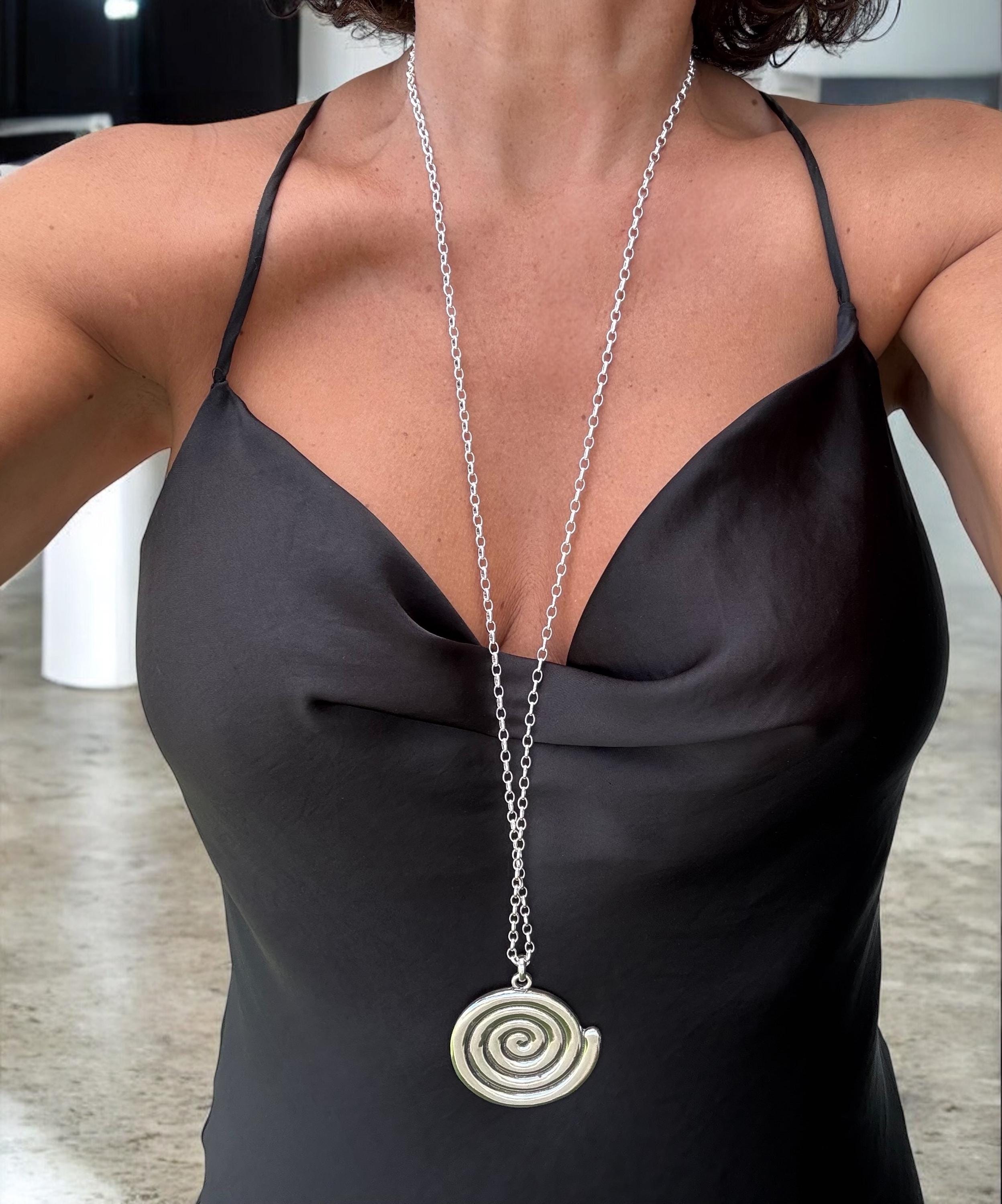 Long Silver Chain Necklace – Statement spiral Pendant – Convertible Double Strand – Kukuri Jewelry