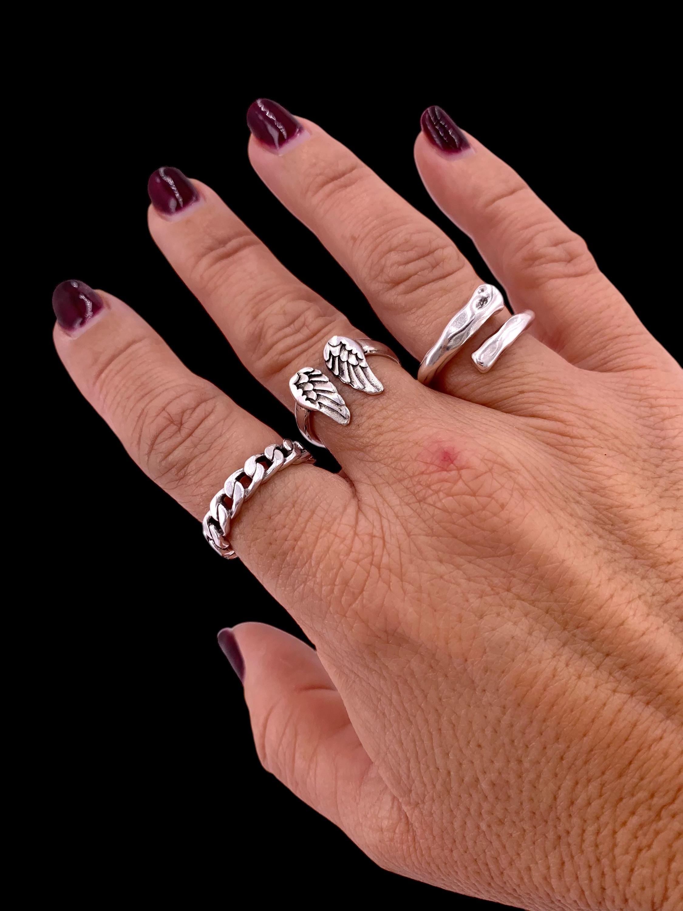 Boho Angel Wings Ring – Adjustable Open Silver Band with Celestial Design – Symbolic Birthday Gift for Her