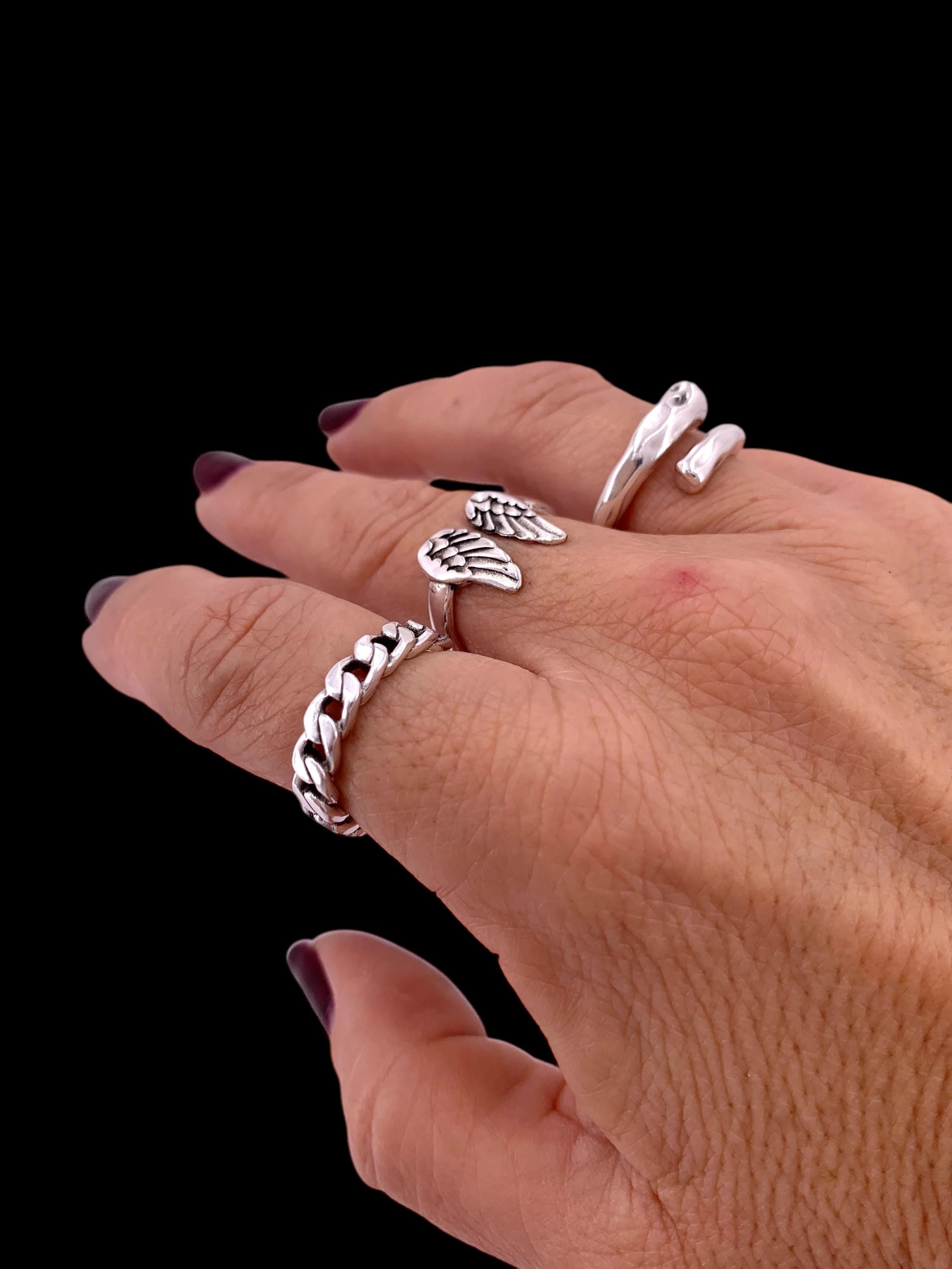 Boho Angel Wings Ring – Adjustable Open Silver Band with Celestial Design – Symbolic Birthday Gift for Her
