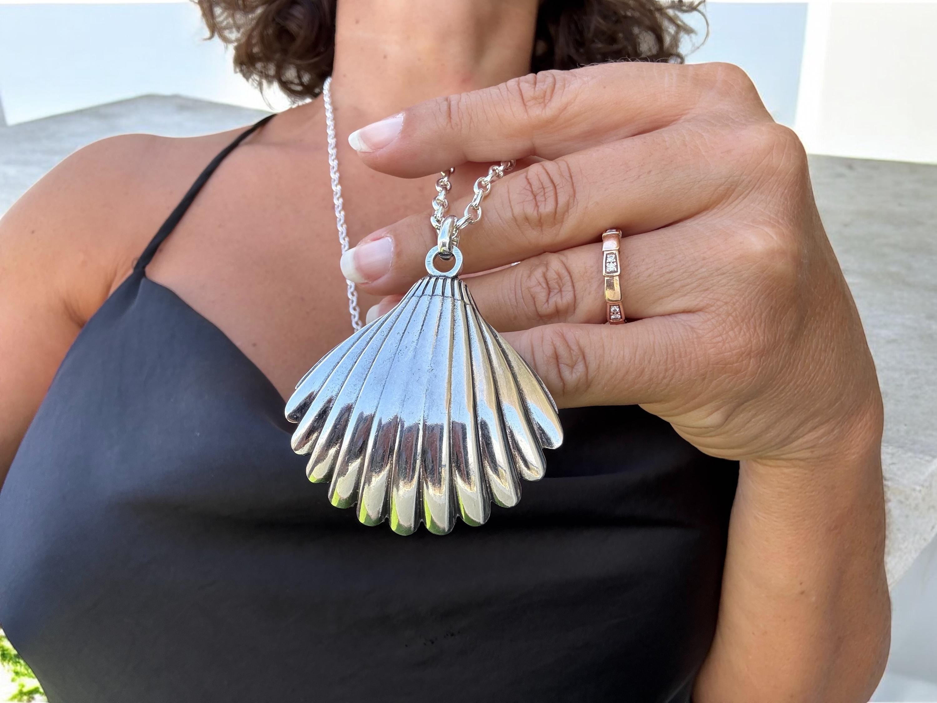 Long Silver Chain Necklace – Statement Shell Pendant – Convertible Double Strand – Kukuri Jewelry