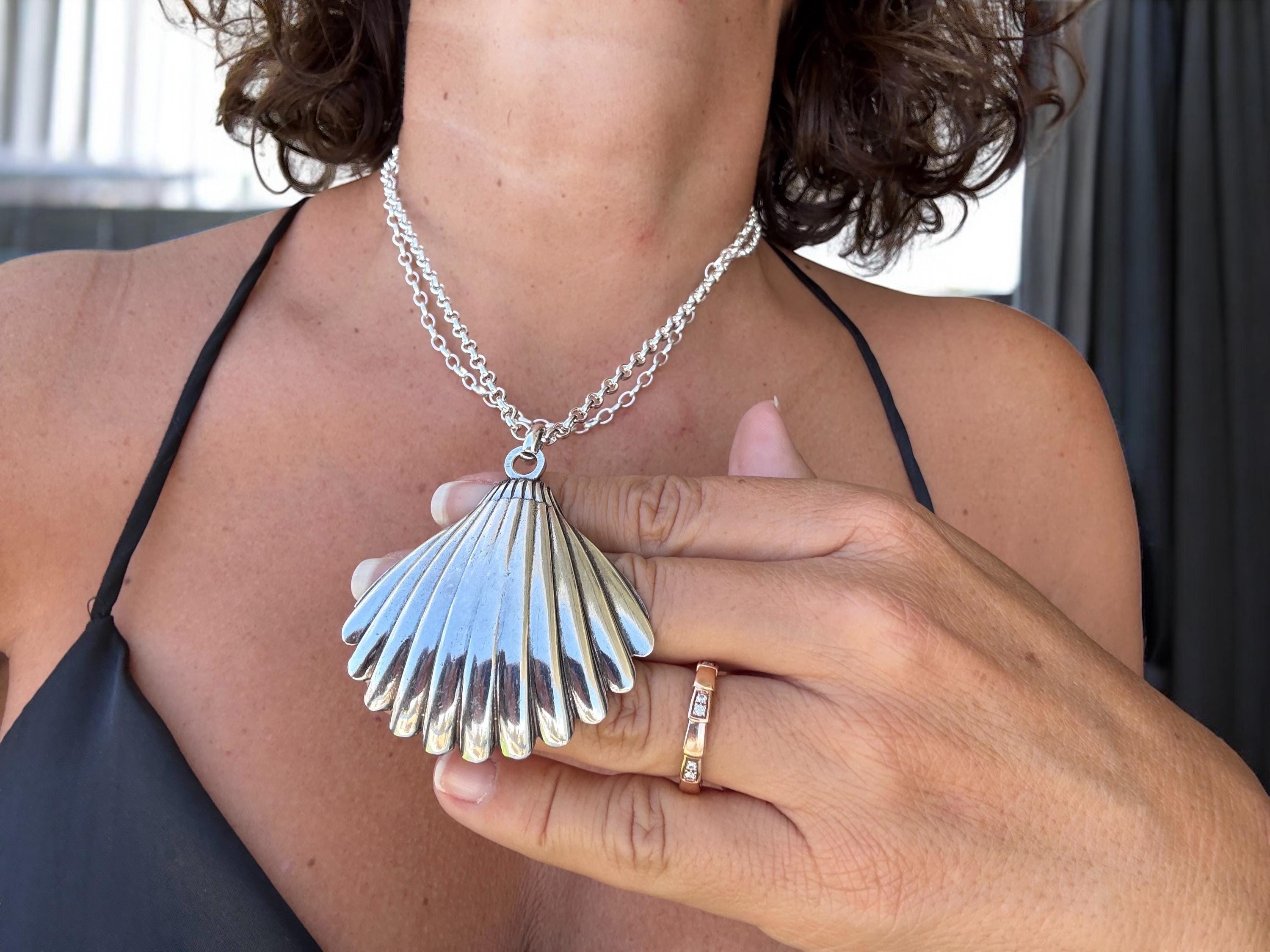 Long Silver Chain Necklace – Statement Shell Pendant – Convertible Double Strand – Kukuri Jewelry