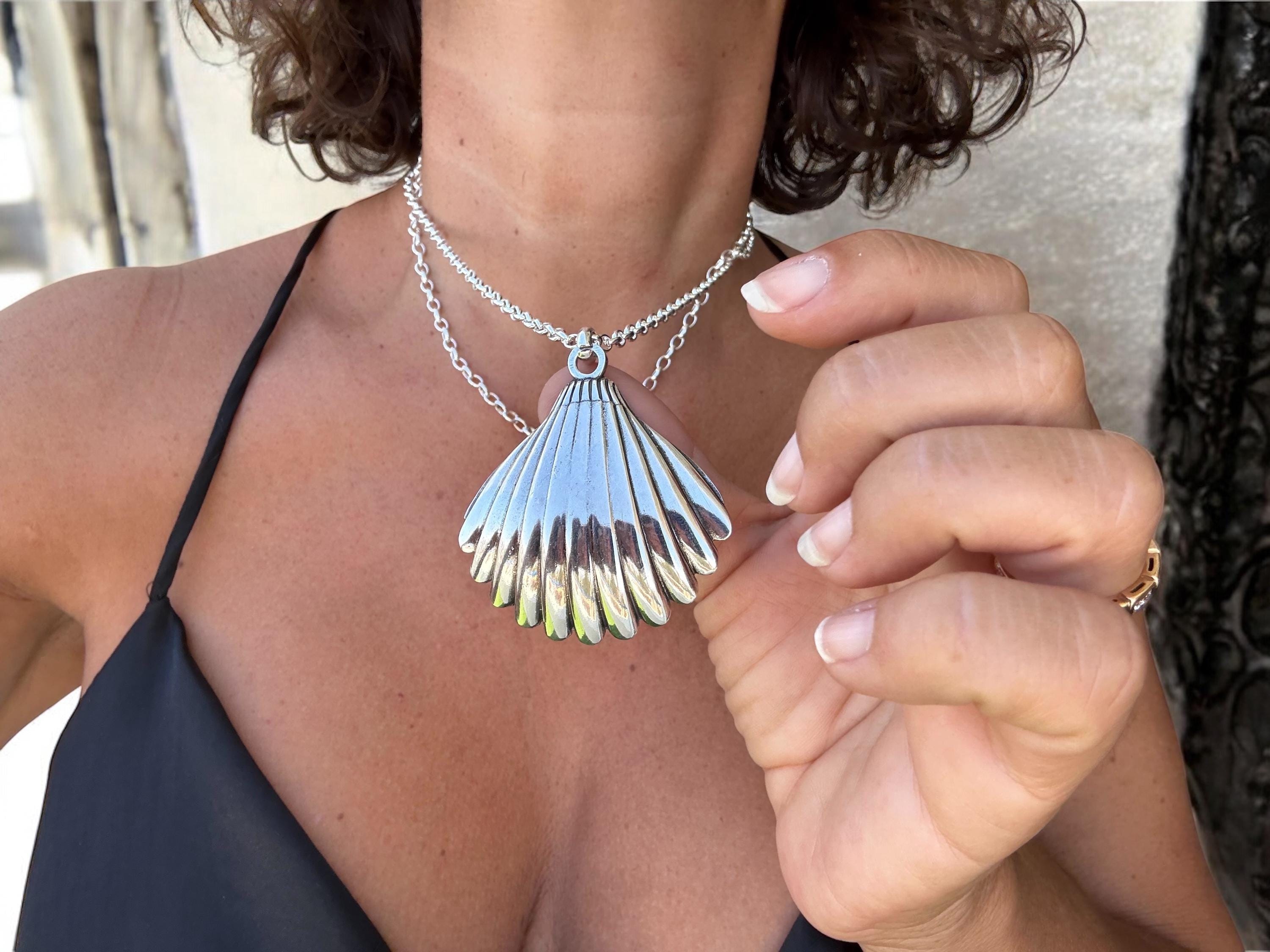 Long Silver Chain Necklace – Statement Shell Pendant – Convertible Double Strand – Kukuri Jewelry