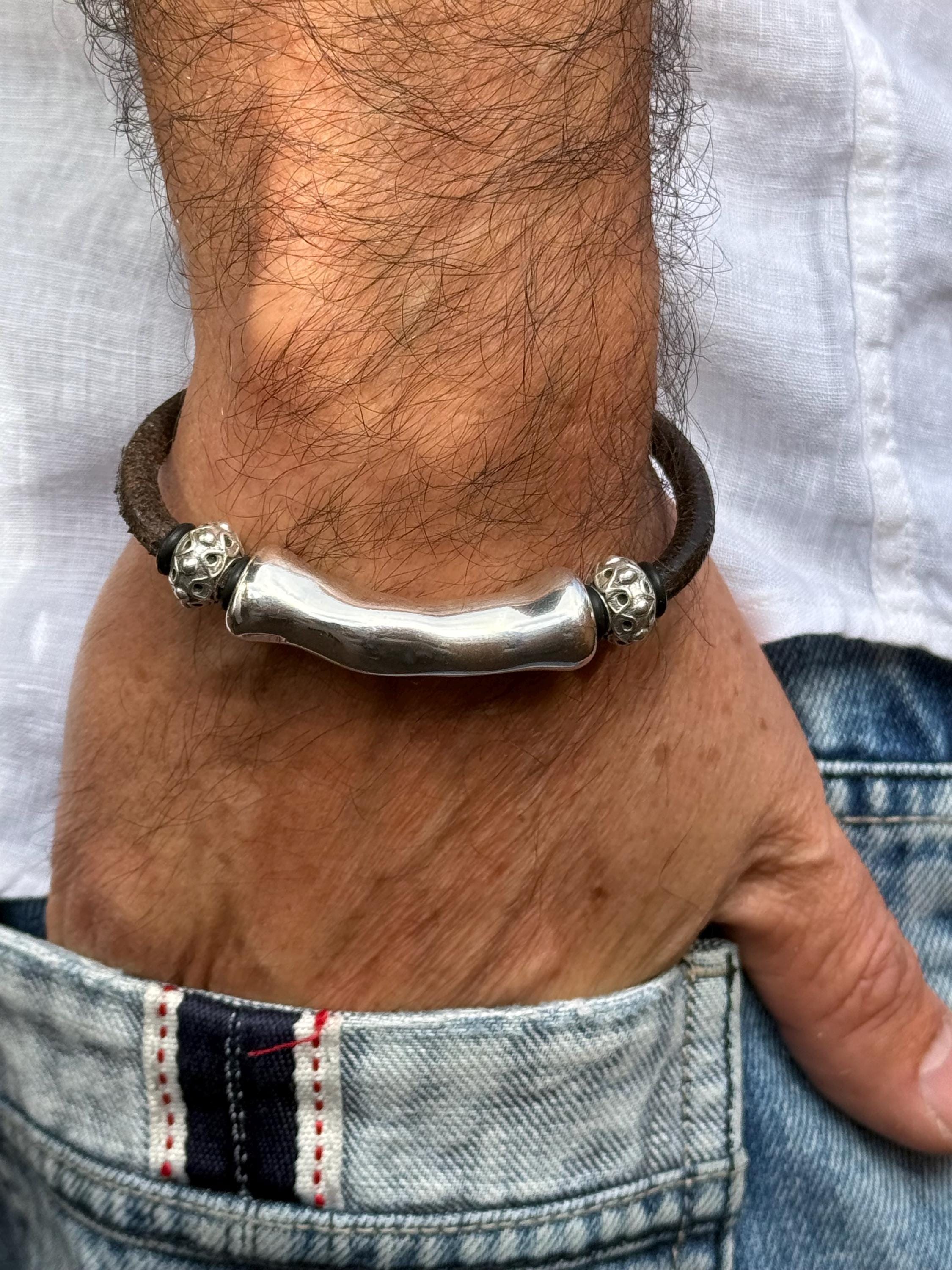 leather bracelet for men, silver masculine bracelet, bohemian bracelet, hippie bracelet, men gift, chunky silver tube leather bracelet,