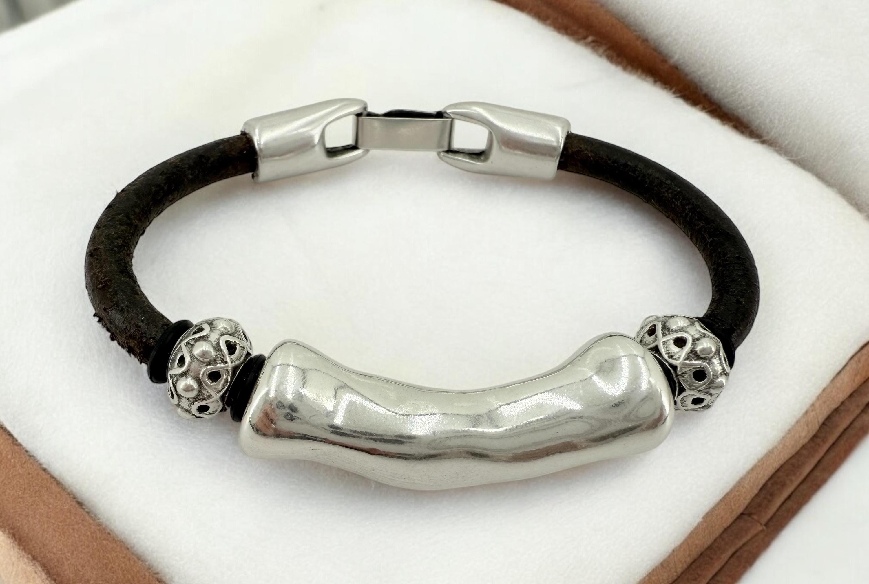 leather bracelet for men, silver masculine bracelet, bohemian bracelet, hippie bracelet, men gift, chunky silver tube leather bracelet,