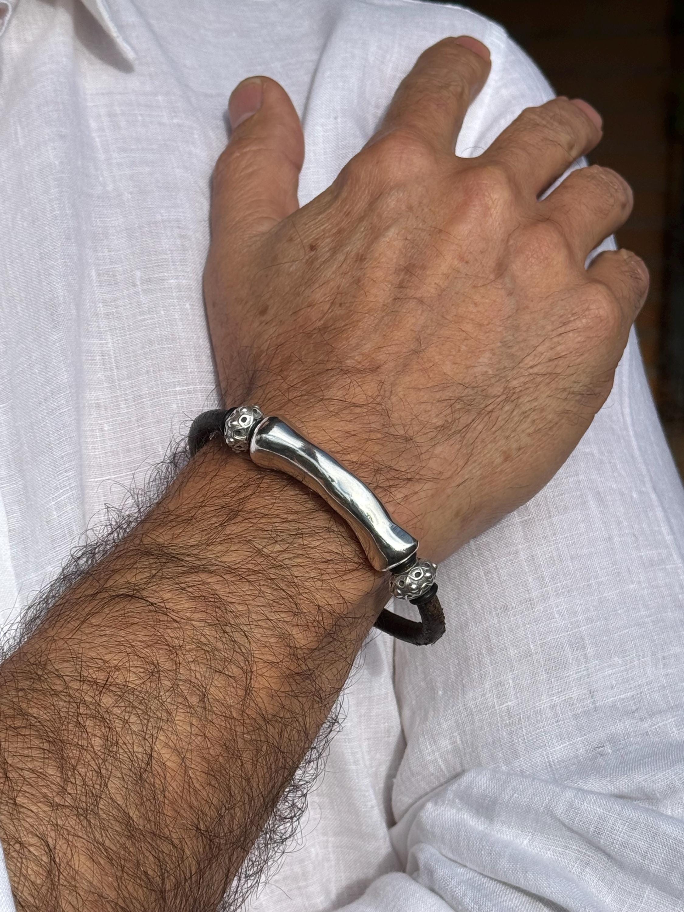 leather bracelet for men, silver masculine bracelet, bohemian bracelet, hippie bracelet, men gift, chunky silver tube leather bracelet,