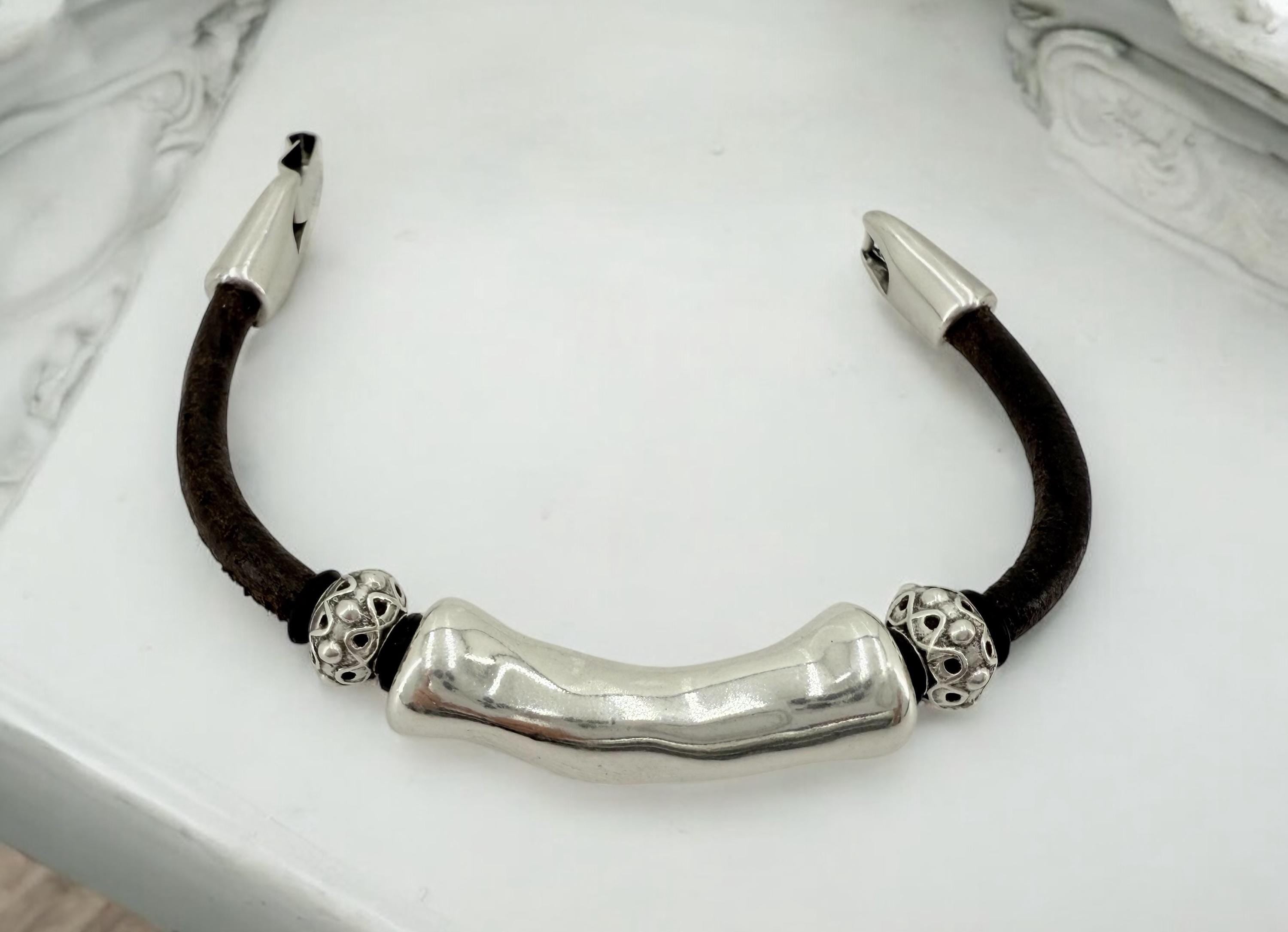 leather bracelet for men, silver masculine bracelet, bohemian bracelet, hippie bracelet, men gift, chunky silver tube leather bracelet,