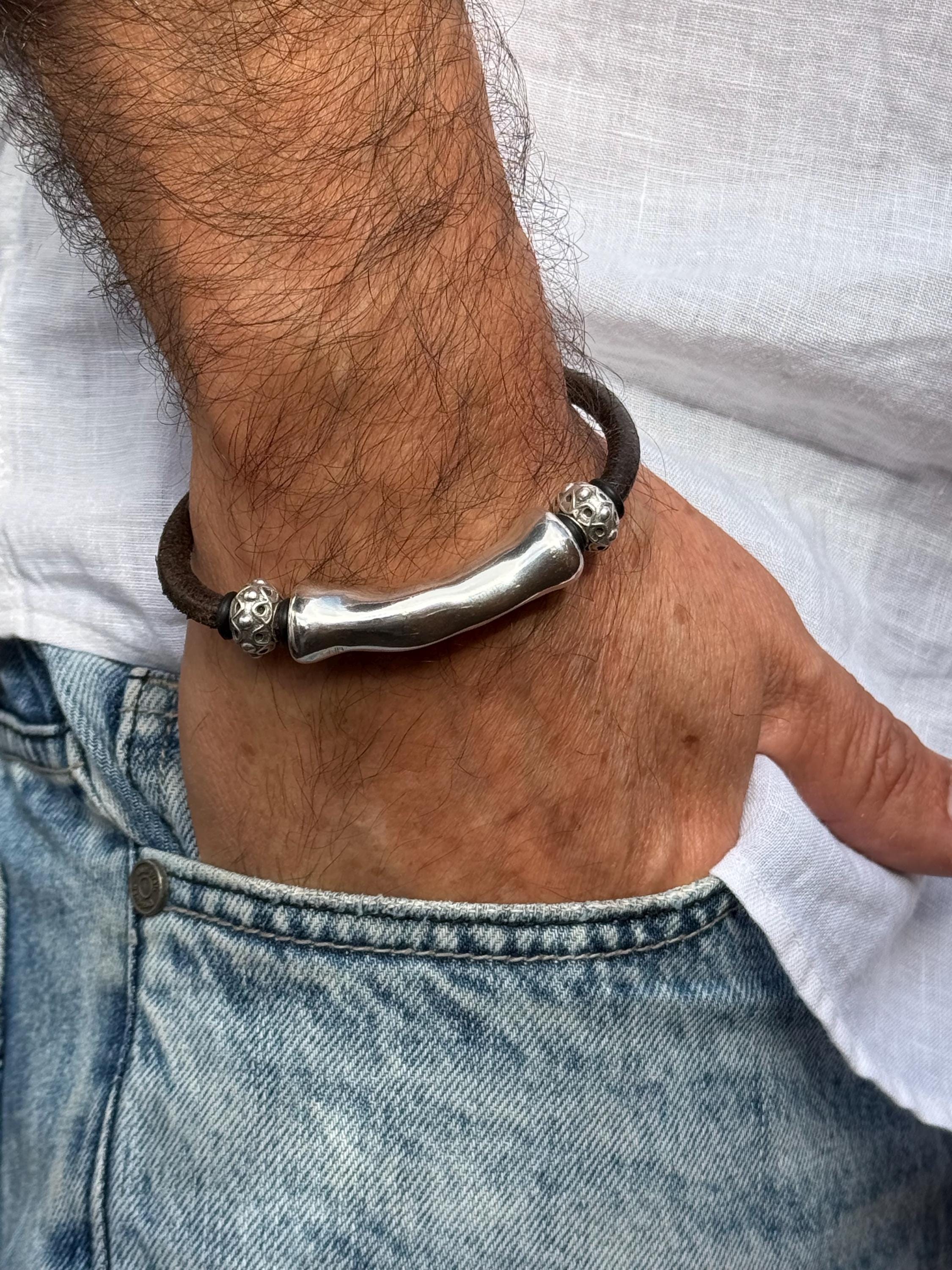 leather bracelet for men, silver masculine bracelet, bohemian bracelet, hippie bracelet, men gift, chunky silver tube leather bracelet,