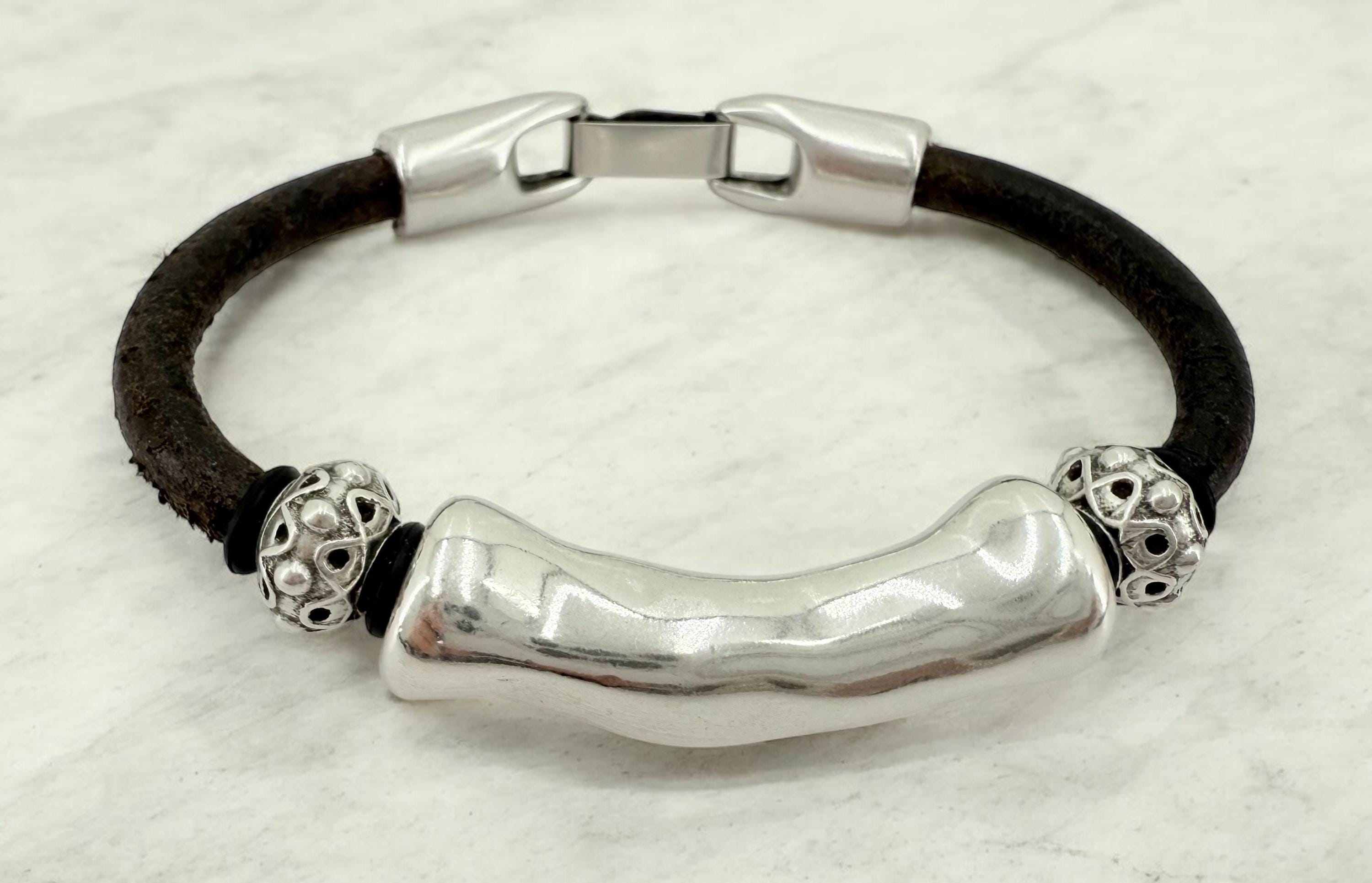 leather bracelet for men, silver masculine bracelet, bohemian bracelet, hippie bracelet, men gift, chunky silver tube leather bracelet,