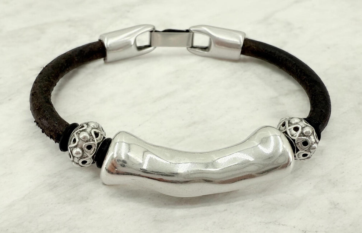 leather bracelet for men, silver masculine bracelet, bohemian bracelet, hippie bracelet, men gift, chunky silver tube leather bracelet,