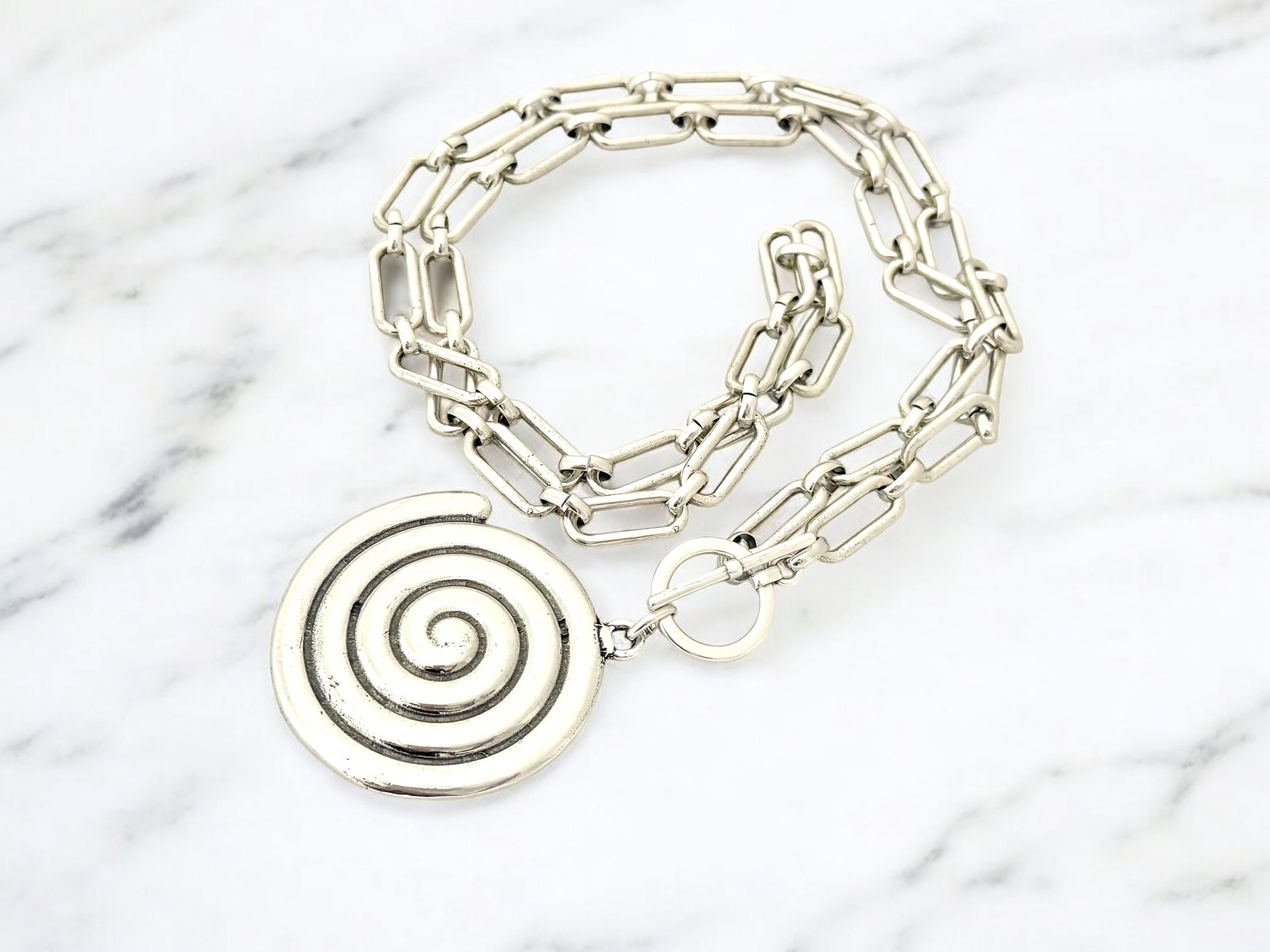 Very Long Chunky Silver Chain Necklace – Statement Spiral Pendant on Toggle Clasp – Kukuri Jewelry
