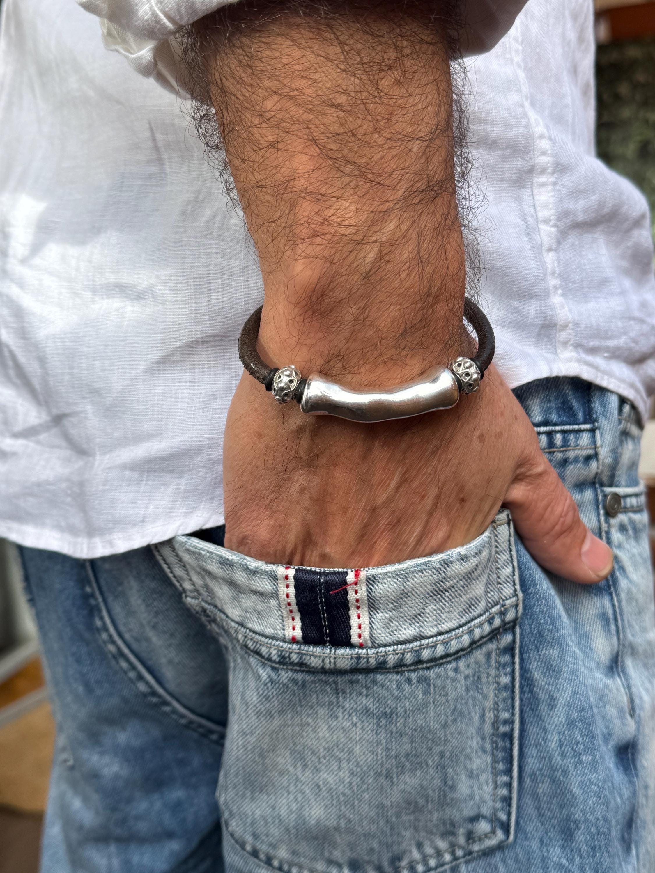 leather bracelet for men, silver masculine bracelet, bohemian bracelet, hippie bracelet, men gift, chunky silver tube leather bracelet,