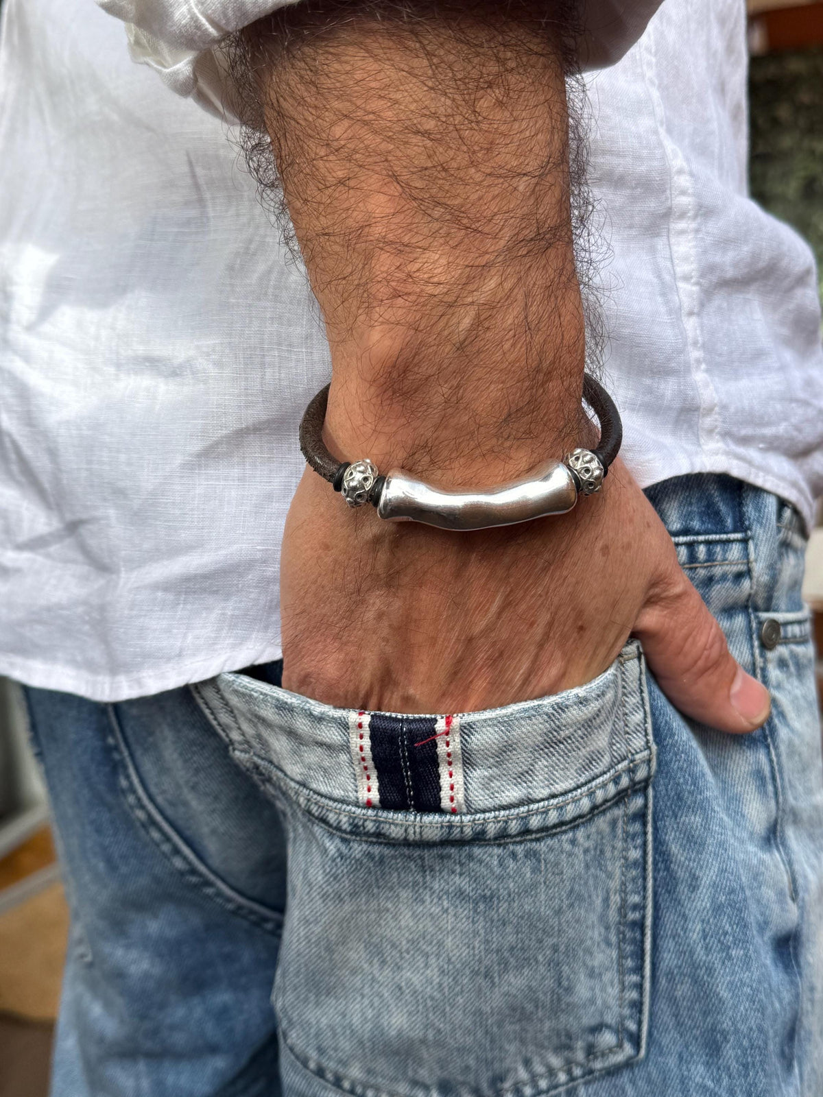 leather bracelet for men, silver masculine bracelet, bohemian bracelet, hippie bracelet, men gift, chunky silver tube leather bracelet,
