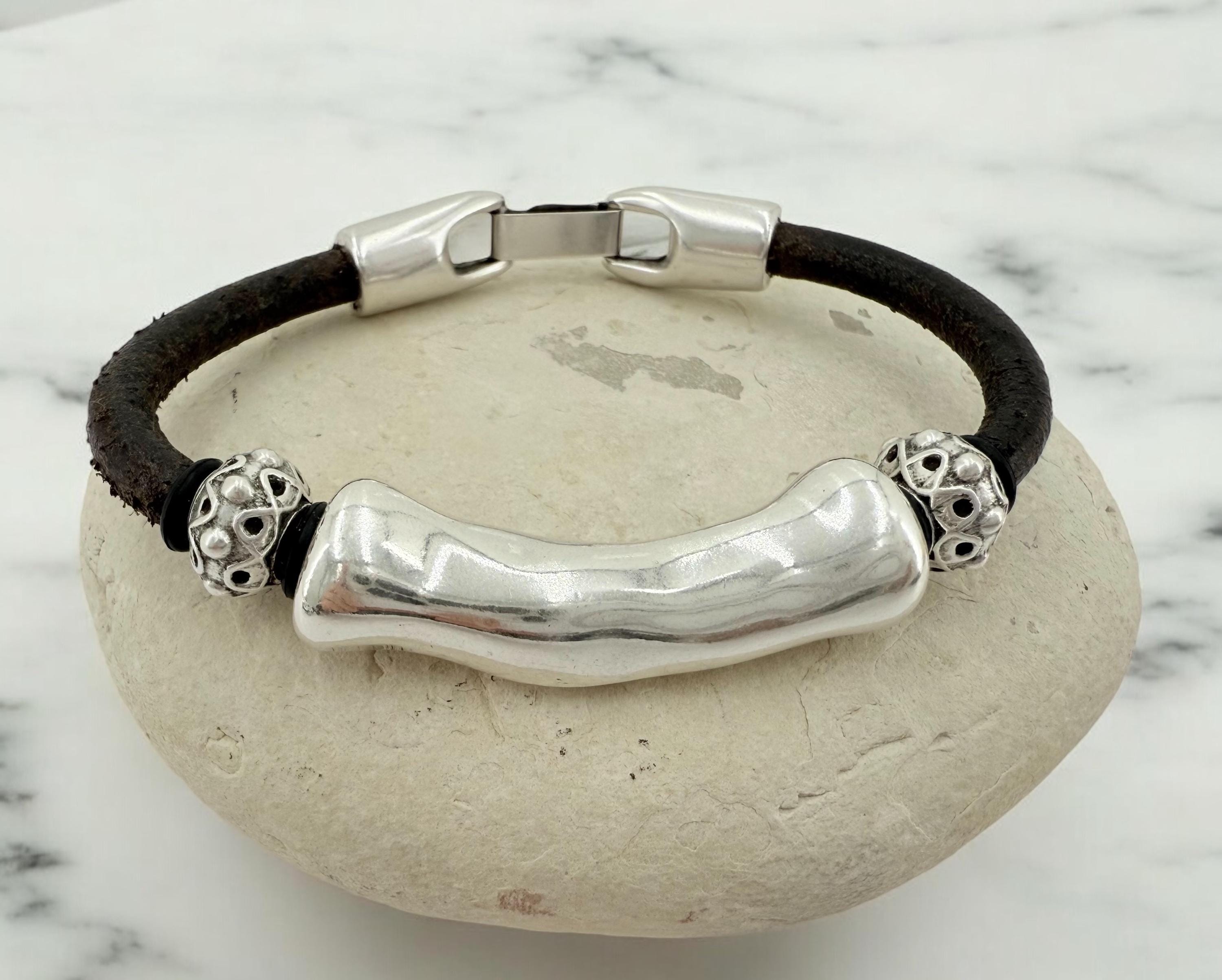 leather bracelet for men, silver masculine bracelet, bohemian bracelet, hippie bracelet, men gift, chunky silver tube leather bracelet,