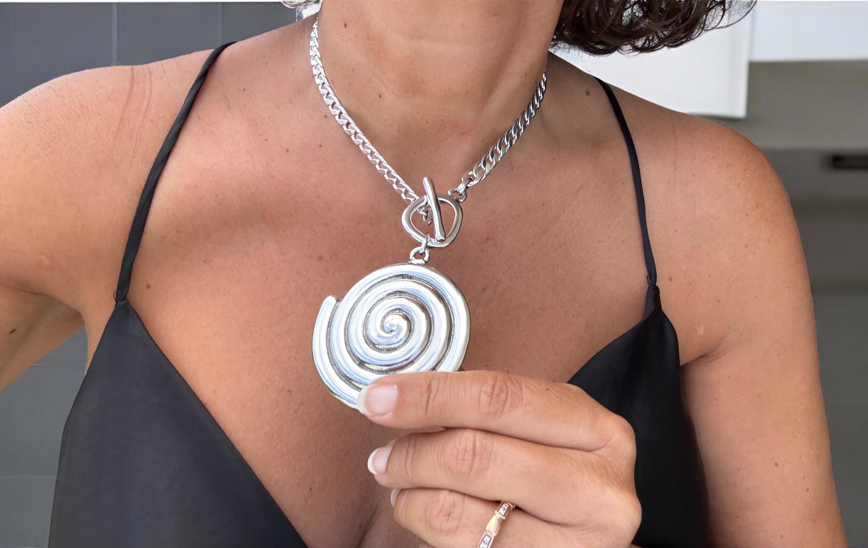 Chunky Silver Chain Necklace – Solid Spiral Pendant on Toggle Clasp – Custom Length – Kukuri Jewelry