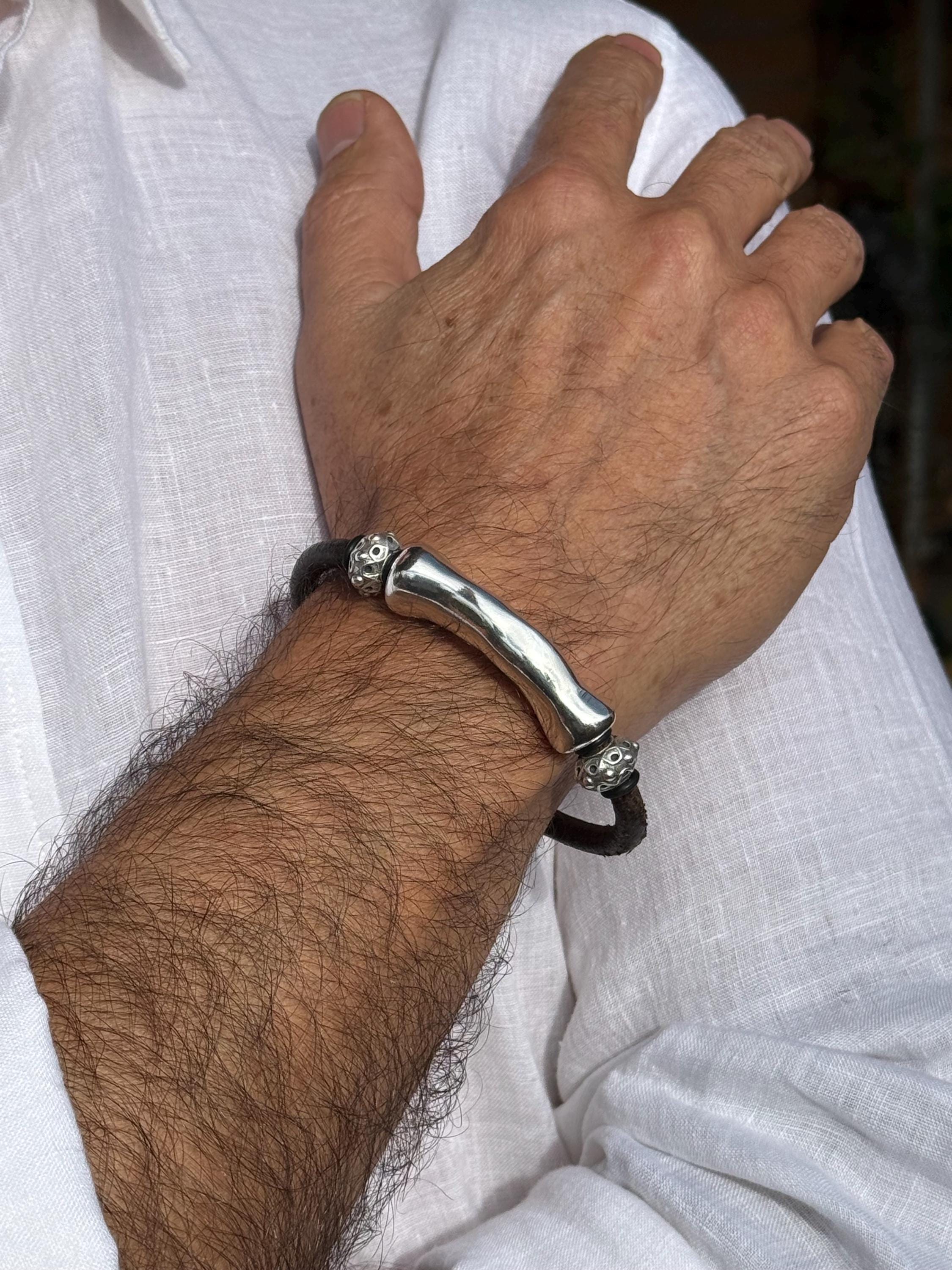 leather bracelet for men, silver masculine bracelet, bohemian bracelet, hippie bracelet, men gift, chunky silver tube leather bracelet,