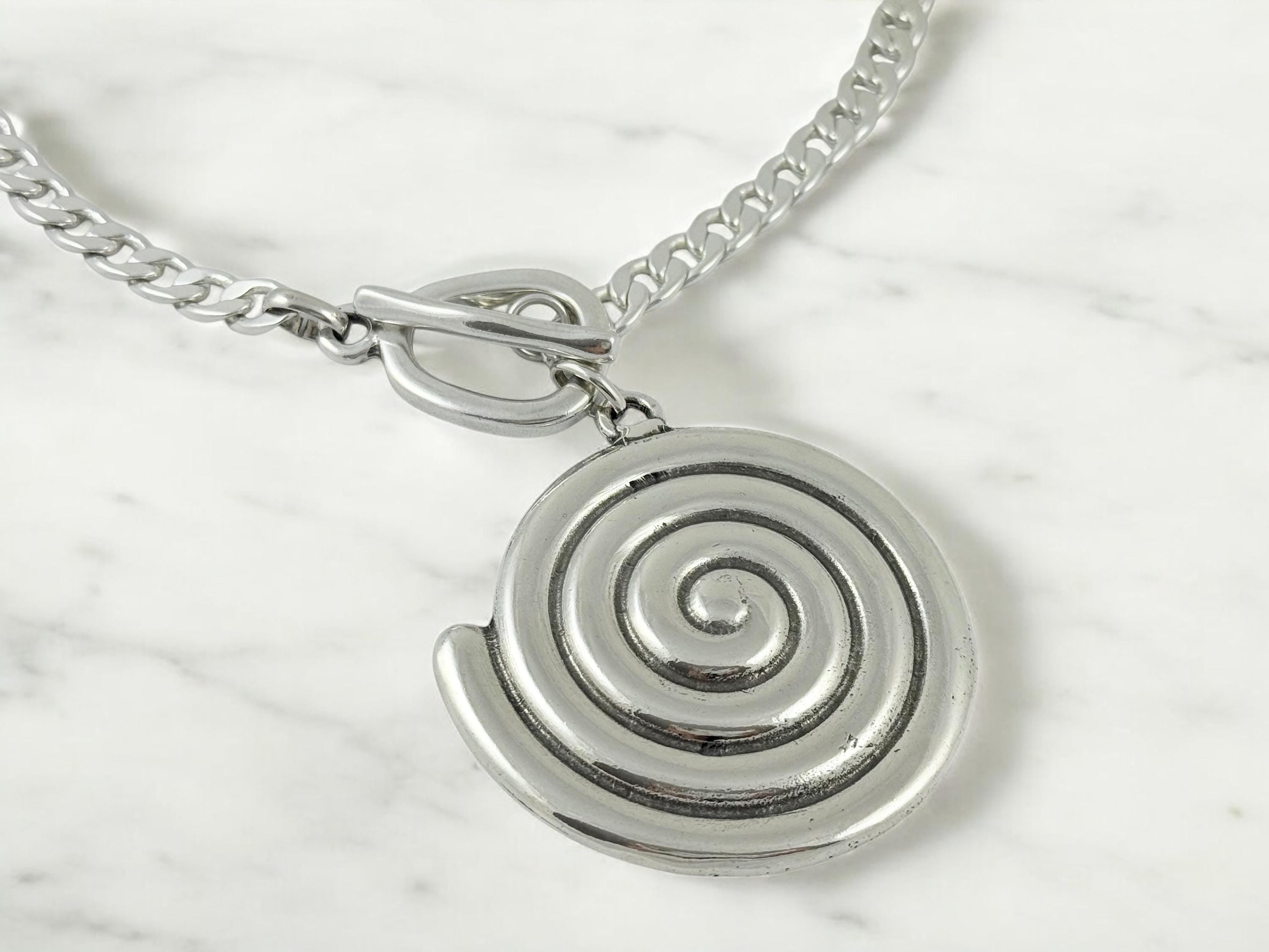 Chunky Silver Chain Necklace – Solid Spiral Pendant on Toggle Clasp – Custom Length – Kukuri Jewelry