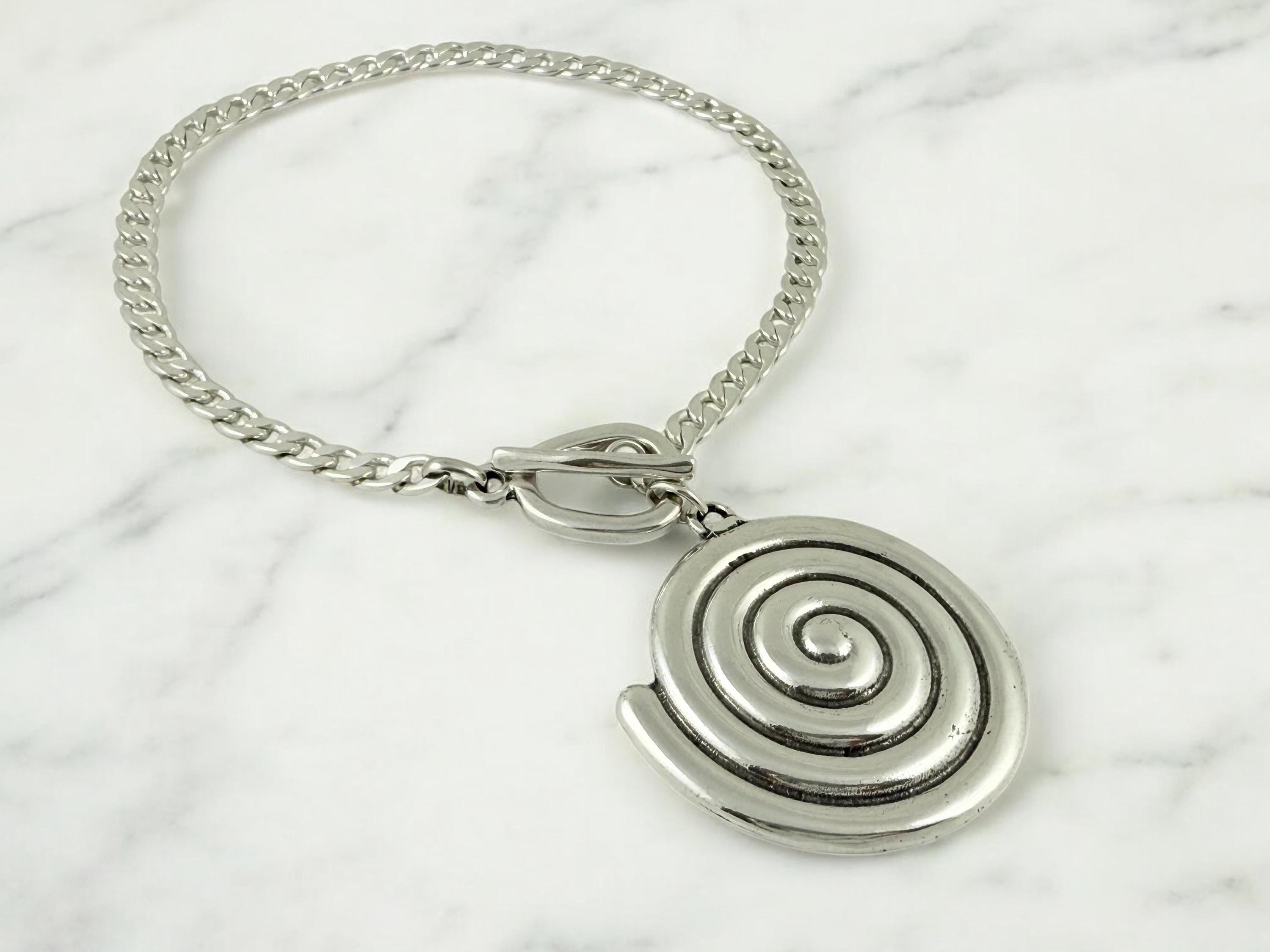 Chunky Silver Chain Necklace – Solid Spiral Pendant on Toggle Clasp – Custom Length – Kukuri Jewelry