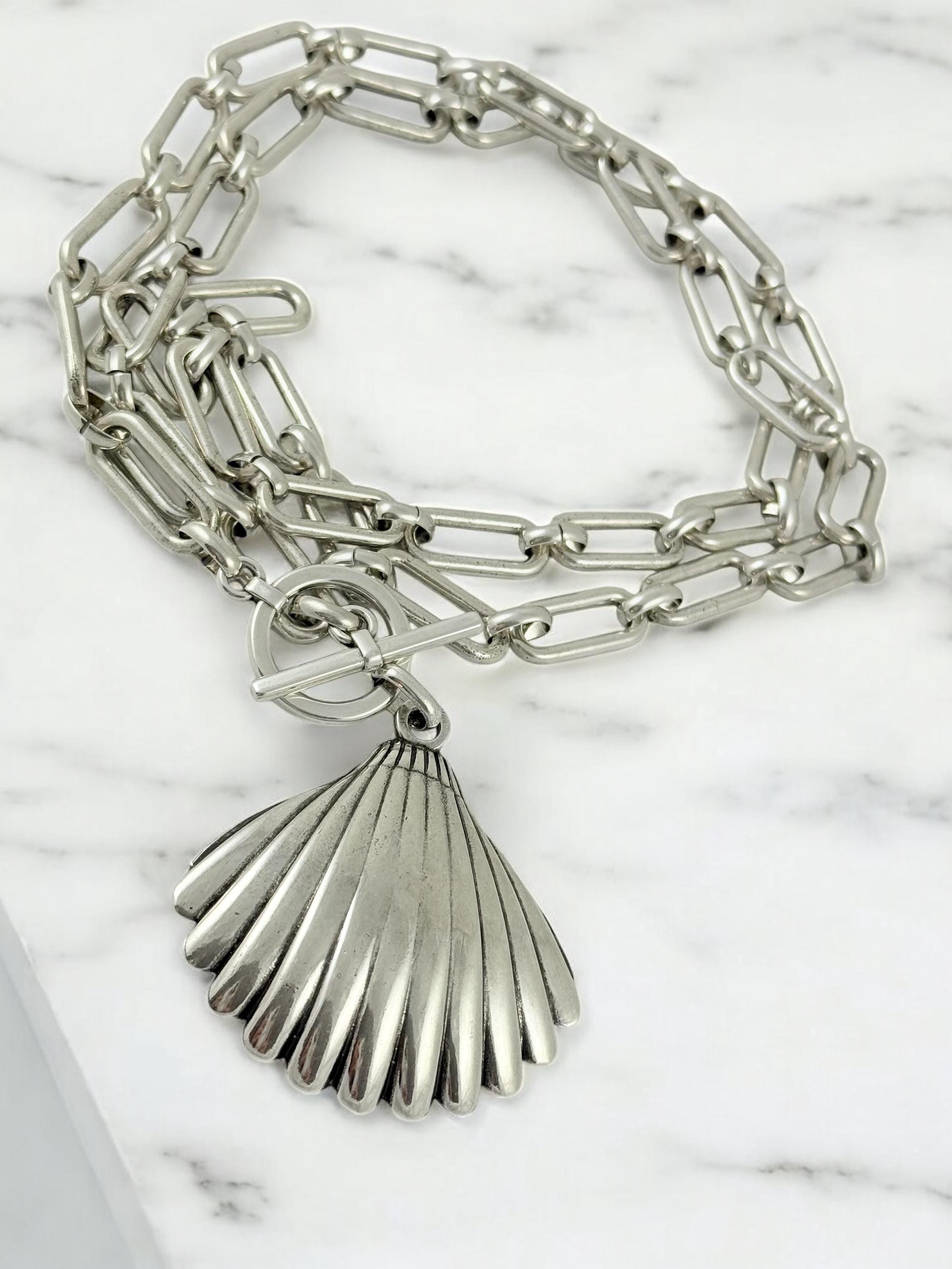 Very Long Chunky Silver Chain Necklace – Statement Shell Pendant on Toggle Clasp – Kukuri Jewelry