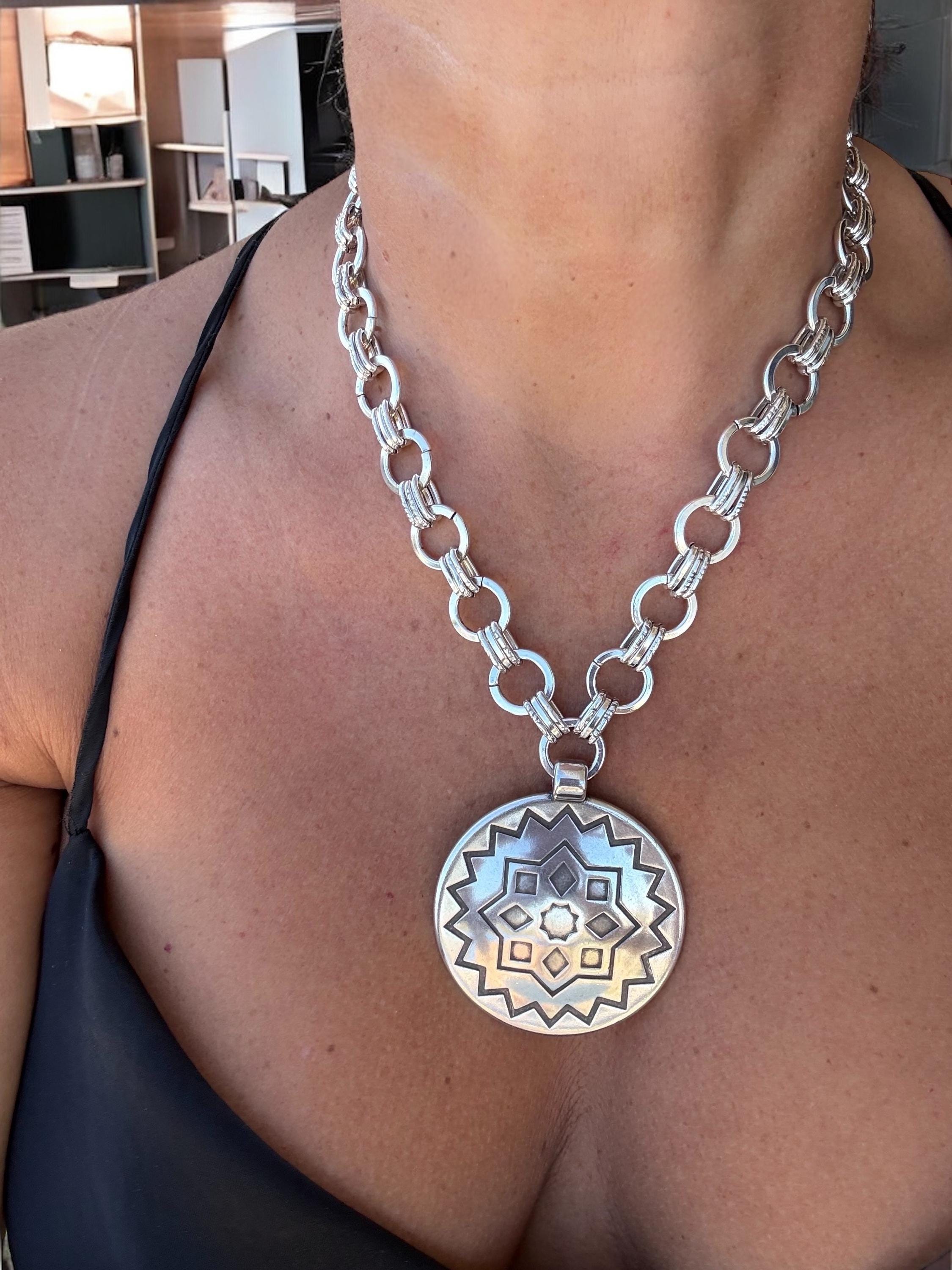 Bold Silver Chain Necklace – Large Engraved Pendant – Chunky Design Chain – Custom Length – Kukuri Jewelry