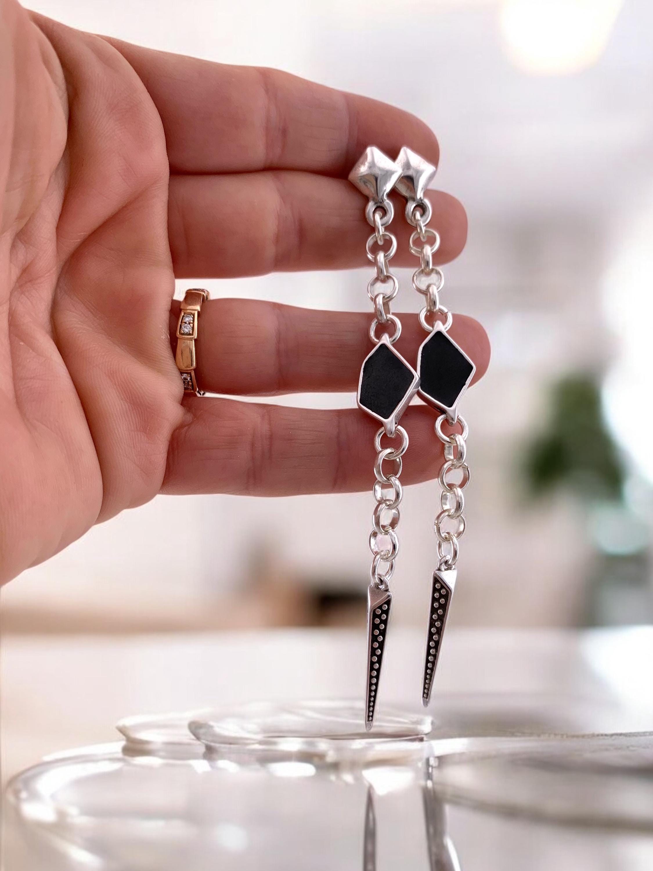 Very long chain earrings with spike pendant, dangling earrings, silver chain earrings, punk earrings, uno de 50 style, unique design earring