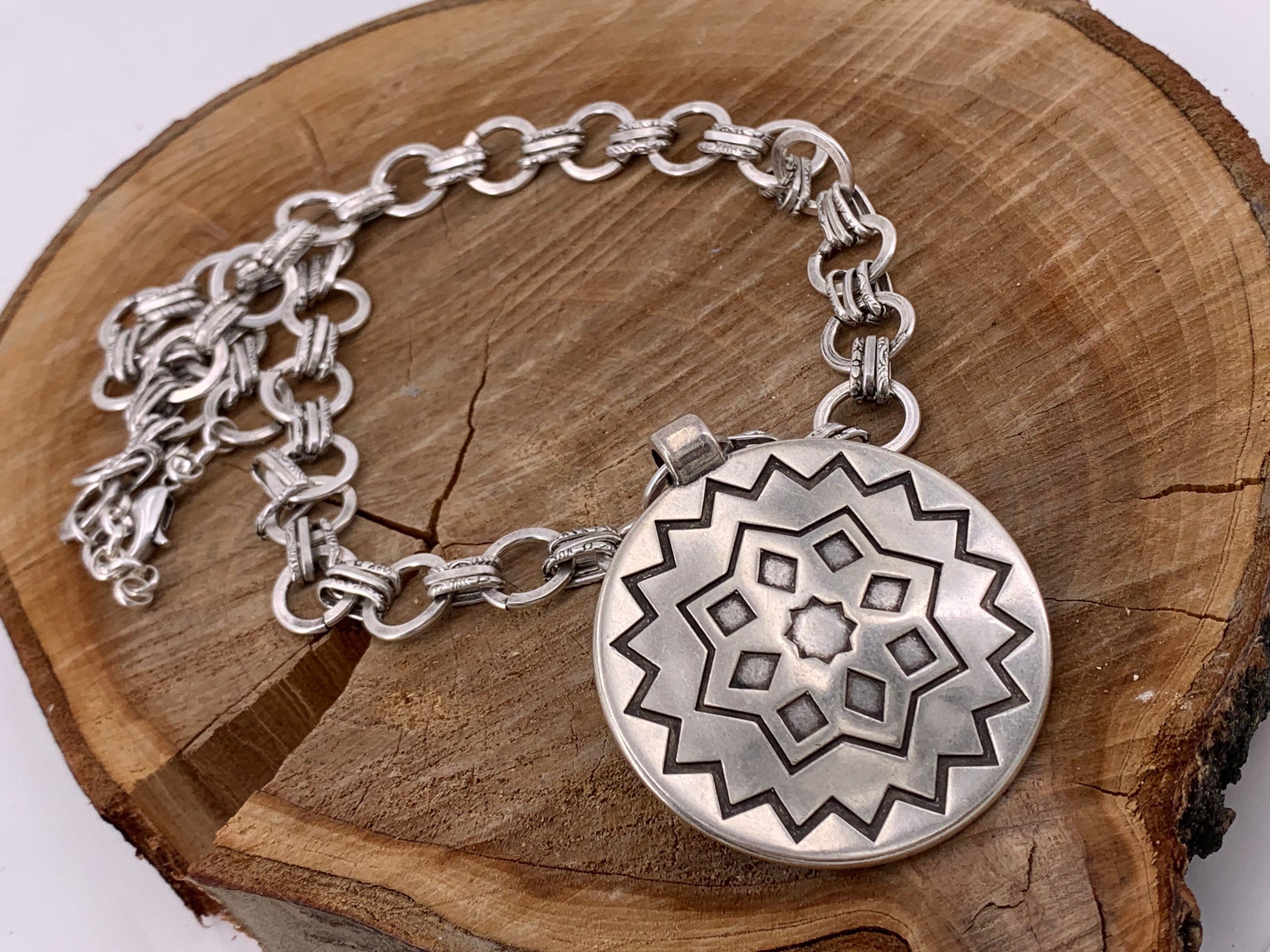 Bold Silver Chain Necklace – Large Engraved Pendant – Chunky Design Chain – Custom Length – Kukuri Jewelry