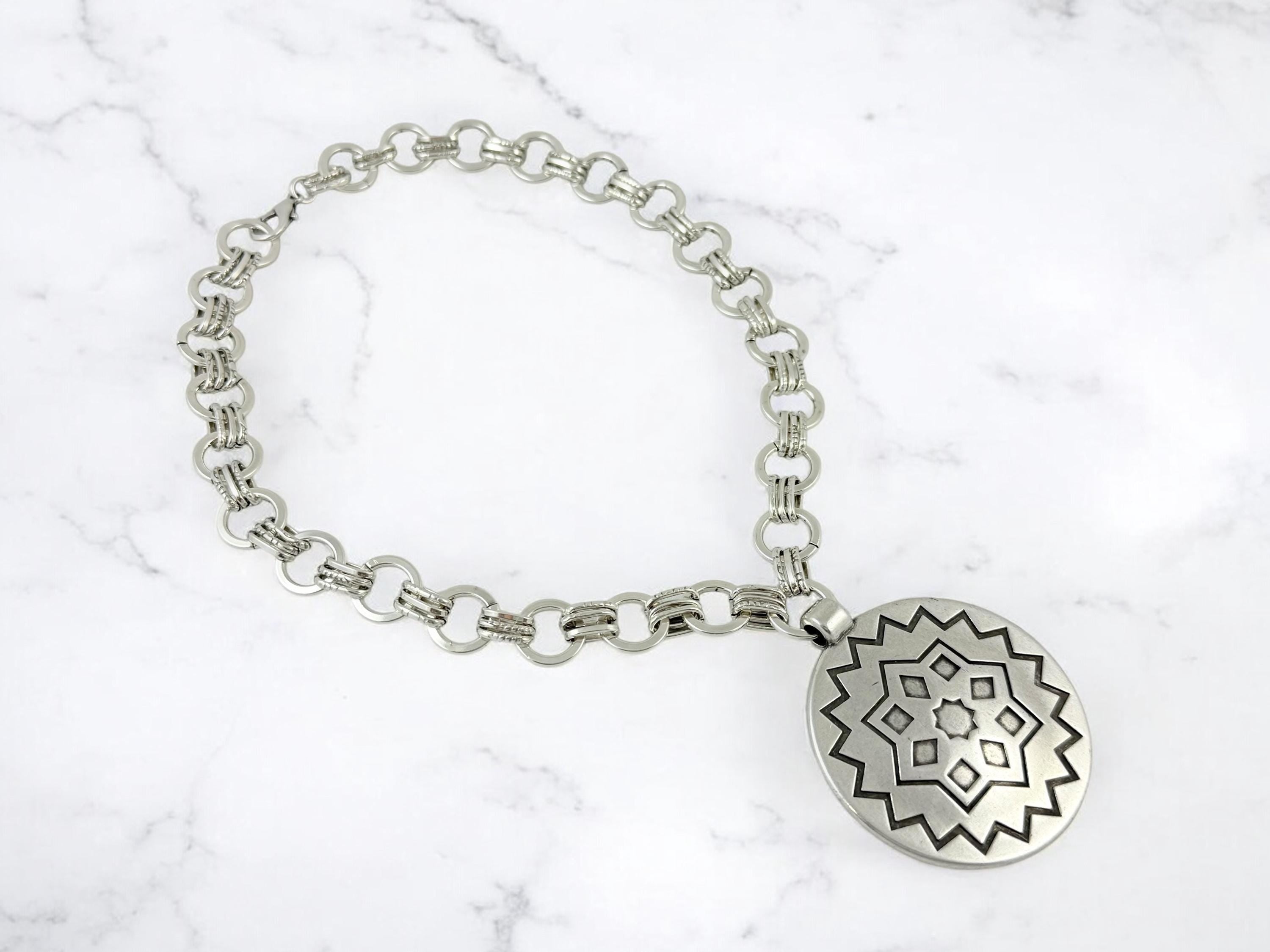 Bold Silver Chain Necklace – Large Engraved Pendant – Chunky Design Chain – Custom Length – Kukuri Jewelry