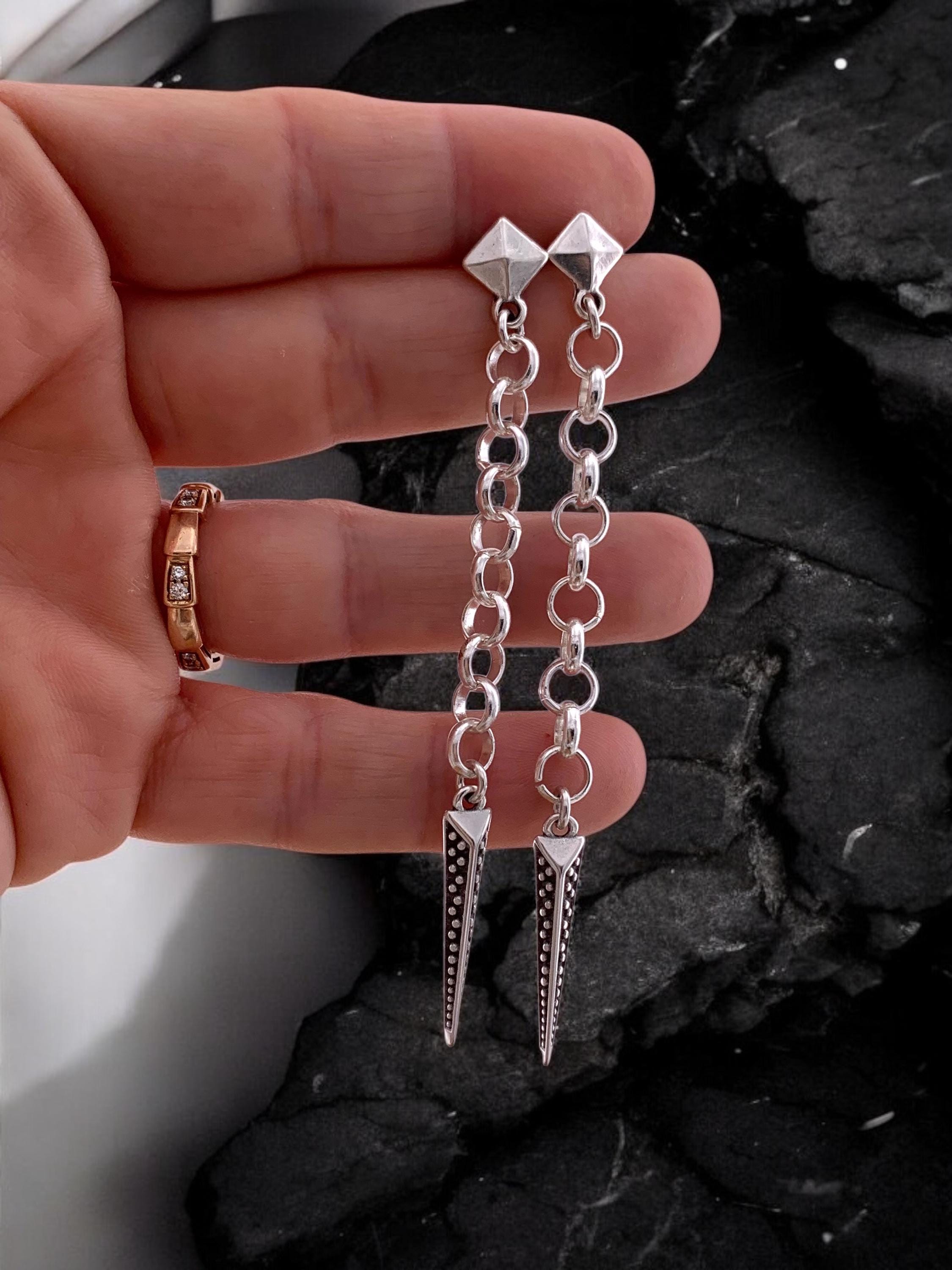 Very Long Silver Chain Earrings – Spike Pendant – Punk Style – Kukuri Jewelry Exclusive
