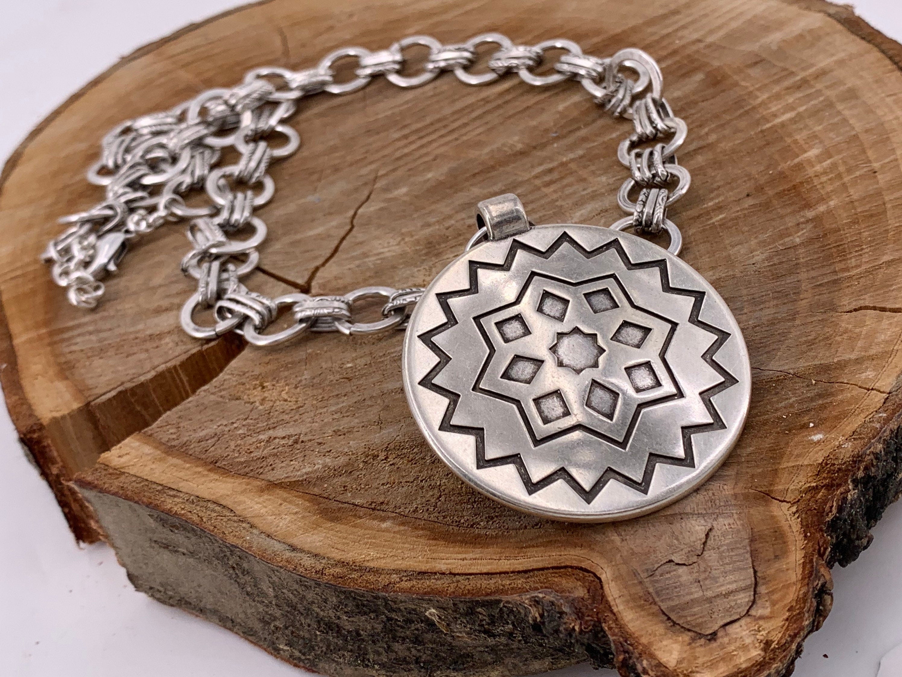 Bold Silver Chain Necklace – Large Engraved Pendant – Chunky Design Chain – Custom Length – Kukuri Jewelry