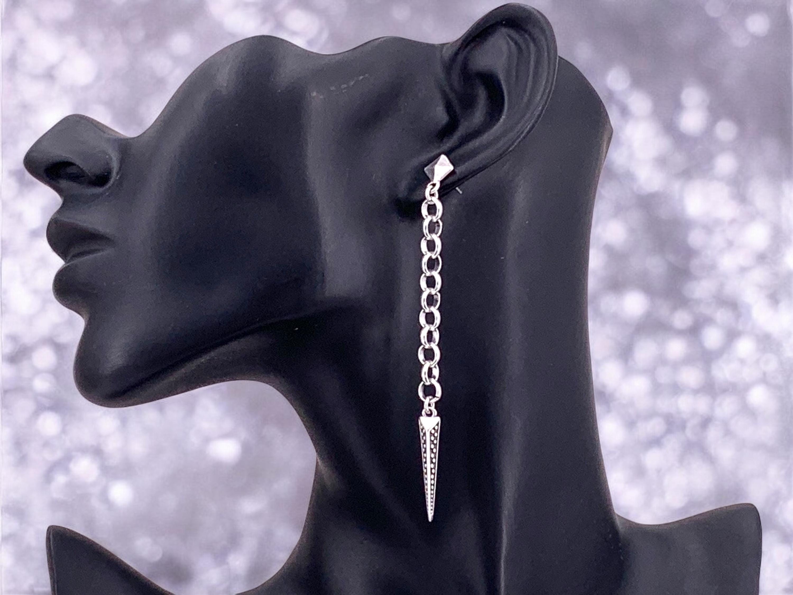 Very Long Silver Chain Earrings – Spike Pendant – Punk Style – Kukuri Jewelry Exclusive