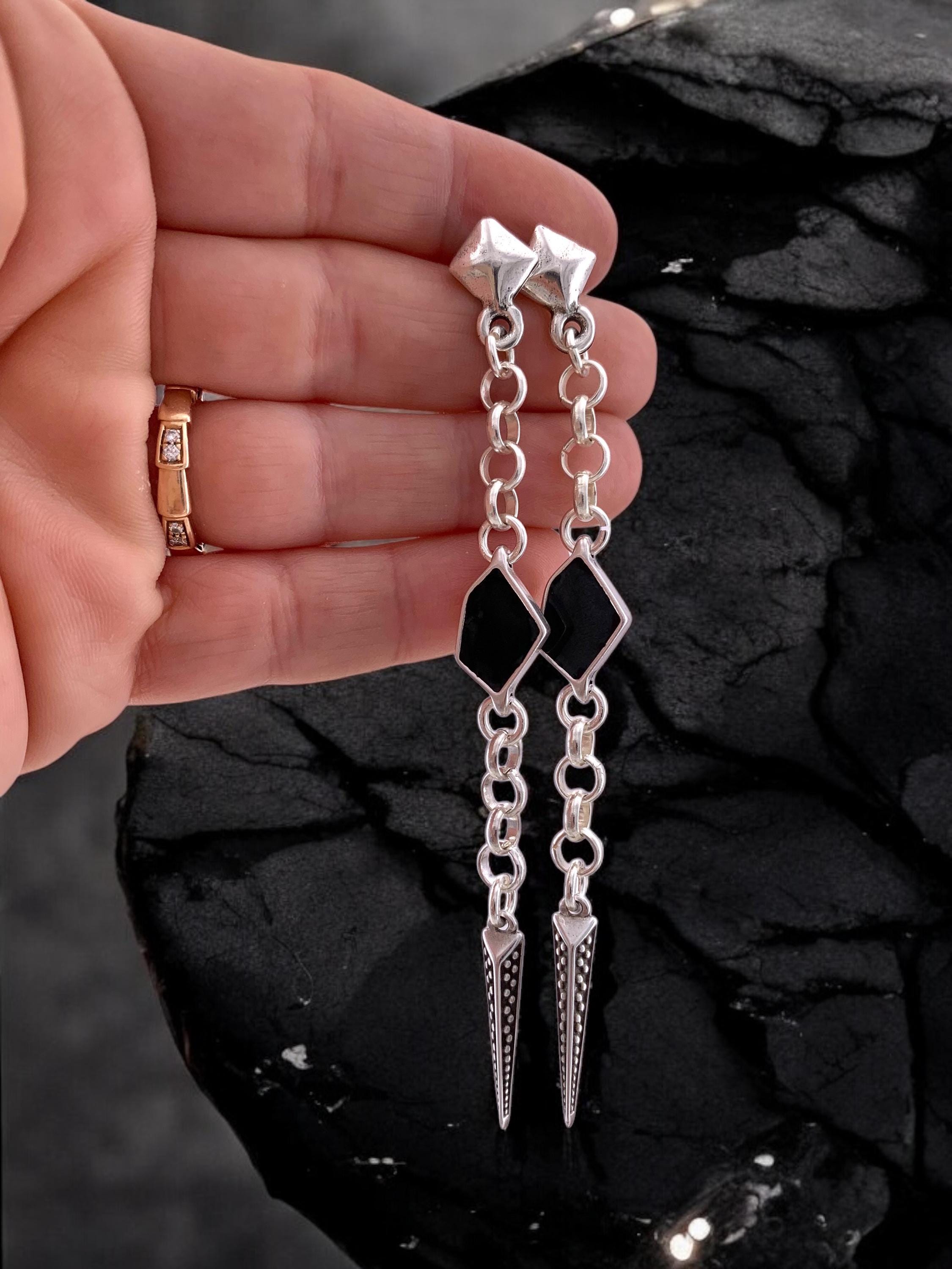 Very long chain earrings with spike pendant, dangling earrings, silver chain earrings, punk earrings, uno de 50 style, unique design earring