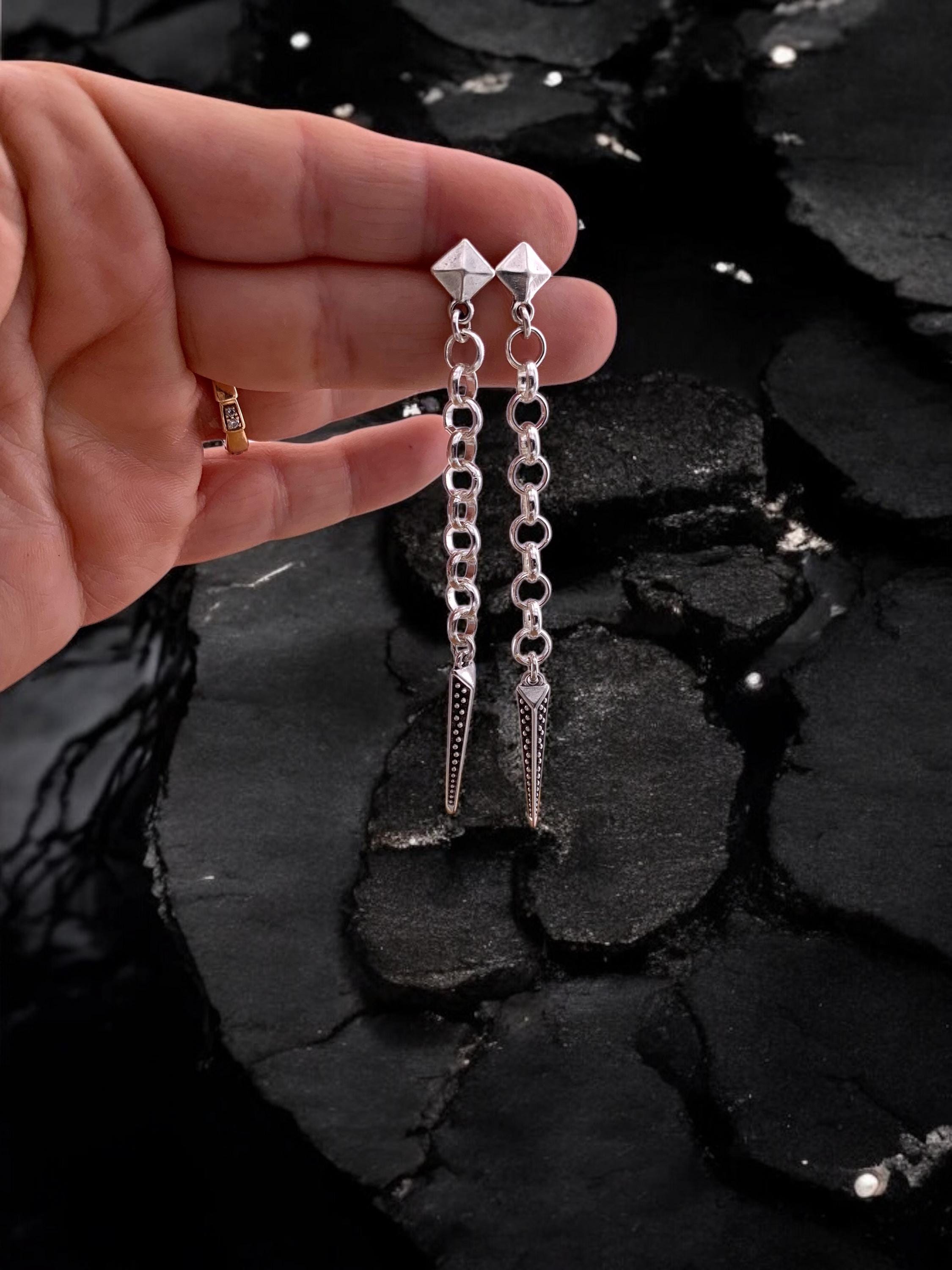Very Long Silver Chain Earrings – Spike Pendant – Punk Style – Kukuri Jewelry Exclusive