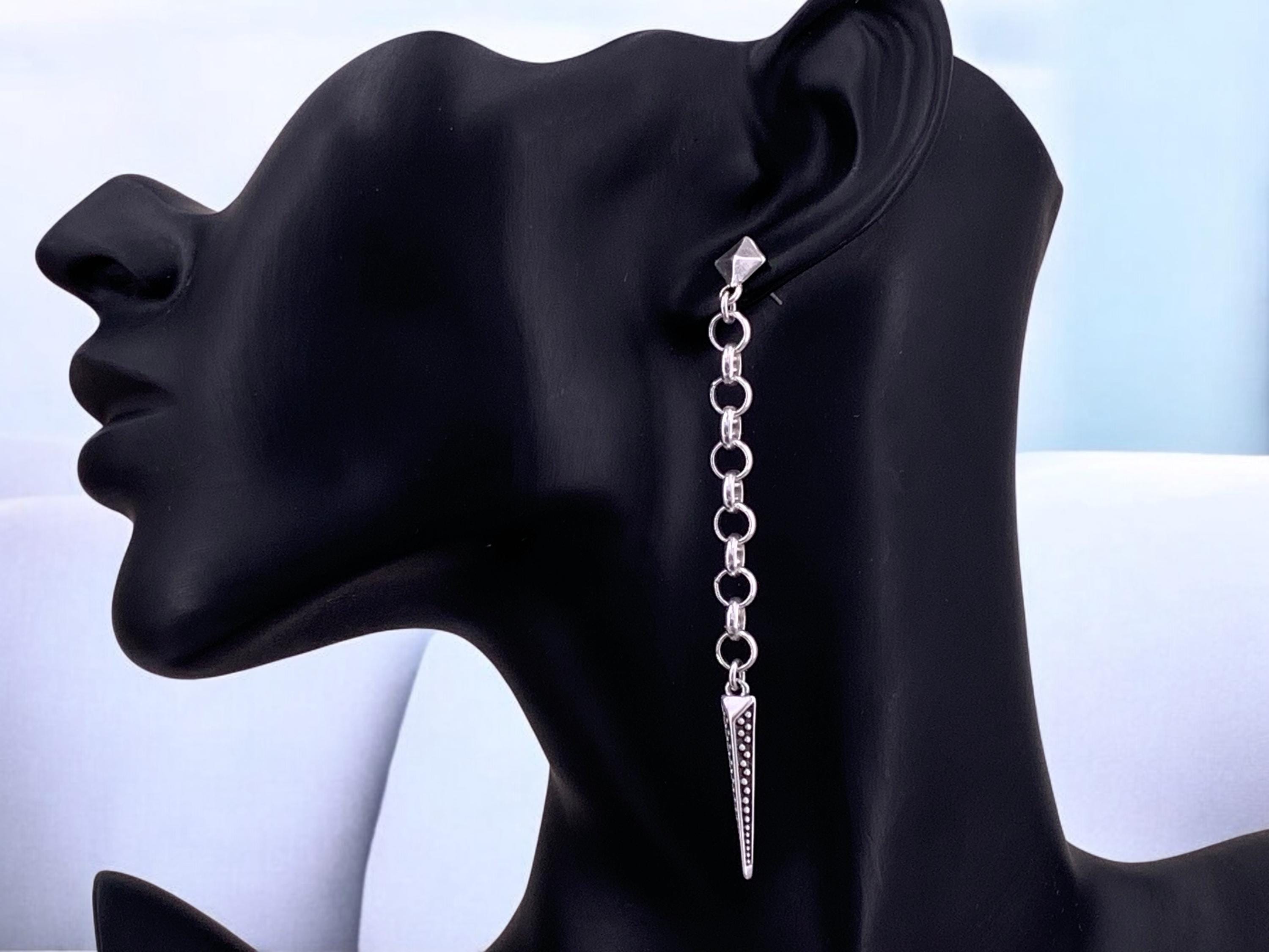 Very Long Silver Chain Earrings – Spike Pendant – Punk Style – Kukuri Jewelry Exclusive