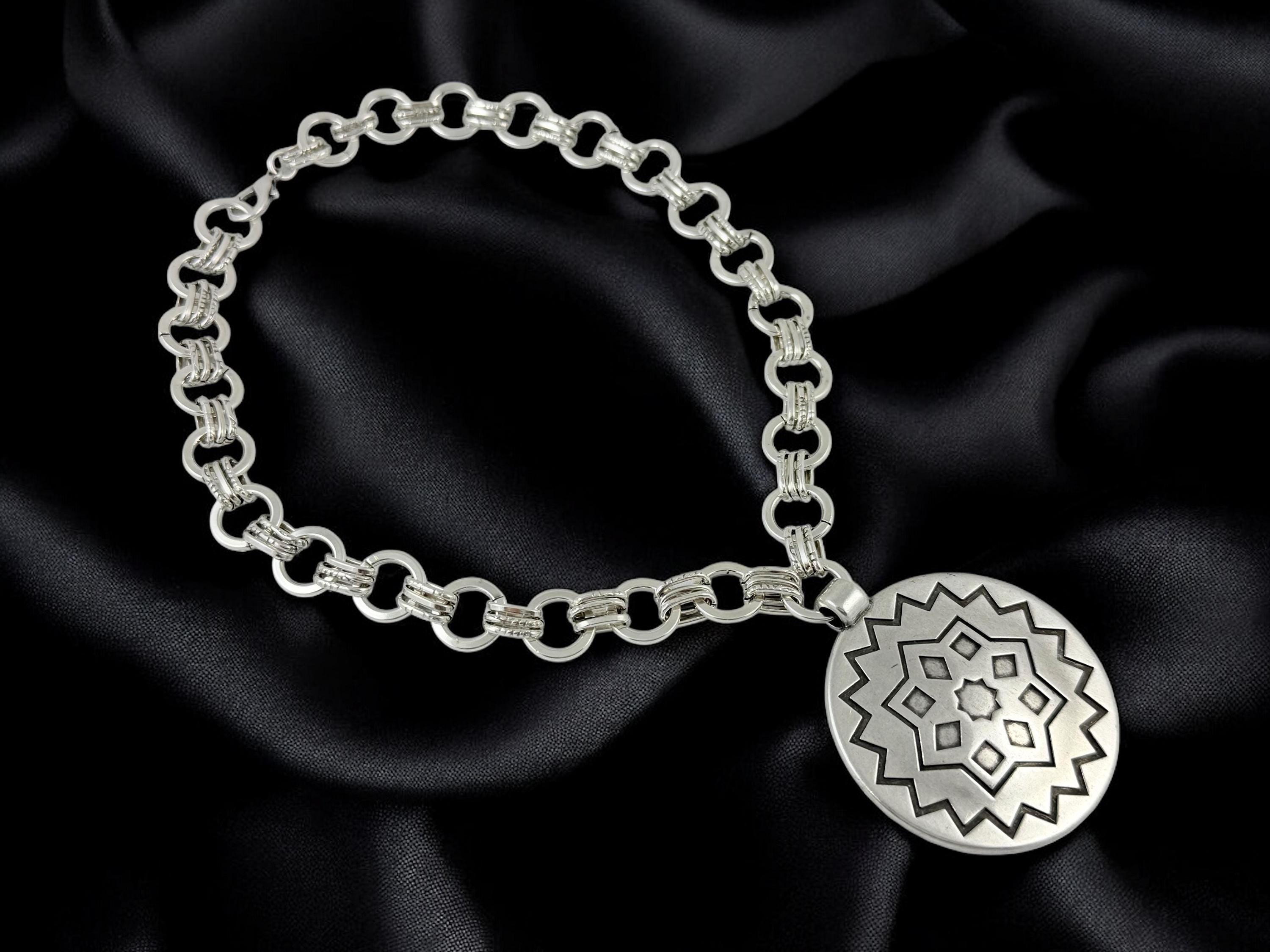 Bold Silver Chain Necklace – Large Engraved Pendant – Chunky Design Chain – Custom Length – Kukuri Jewelry