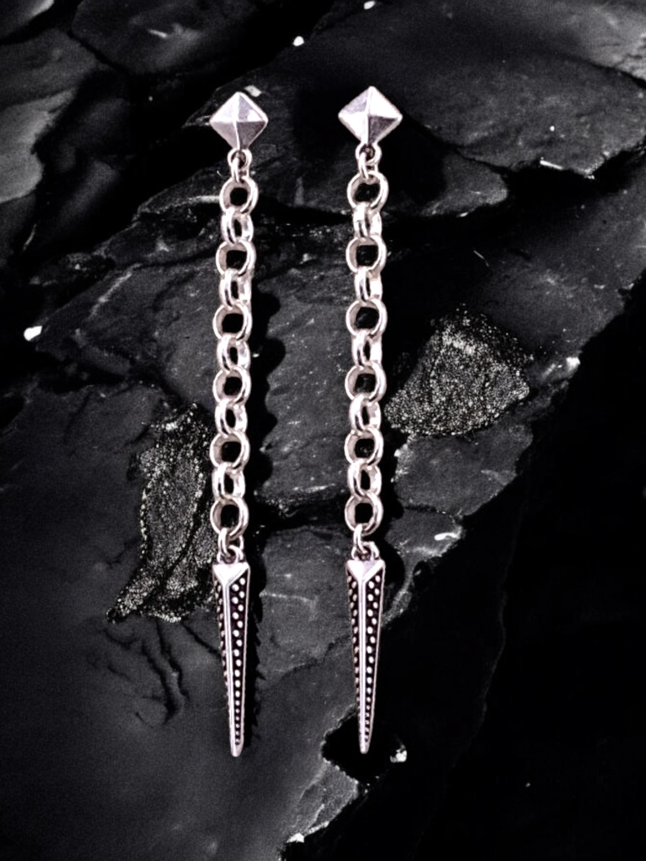 Very Long Silver Chain Earrings – Spike Pendant – Punk Style – Kukuri Jewelry Exclusive